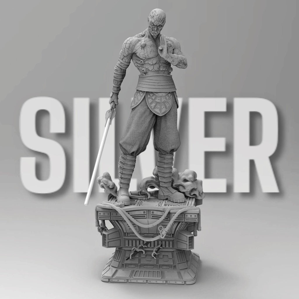 Darth Sion statue, showcasing the Sith Lord’s cracked stone-like body. He stands on a futuristic base, gripping a lightsaber, exuding menace. His battle-worn armor and intense gaze reflect his mastery of the dark side, embodying pain and hatred.