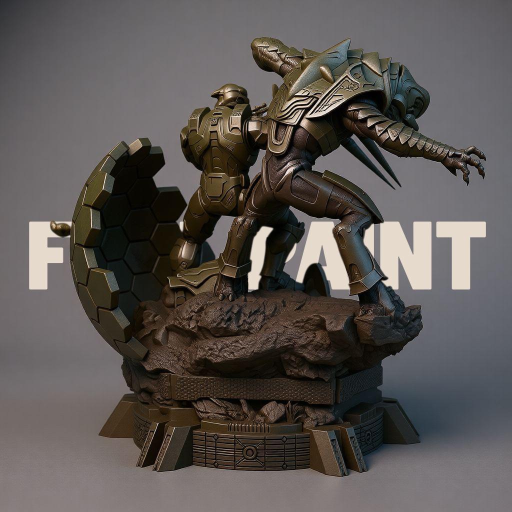 3D-printed diorama featuring the Arbiter and Master Chief locked in battle, captured in dynamic motion. The detailed scene showcases the two armored warriors clashing atop a sci-fi terrain with glowing energy blades and futuristic textures, embodying heroism, rivalry, and cinematic intensity — a perfect collectible for sci-fi fans and gamers.