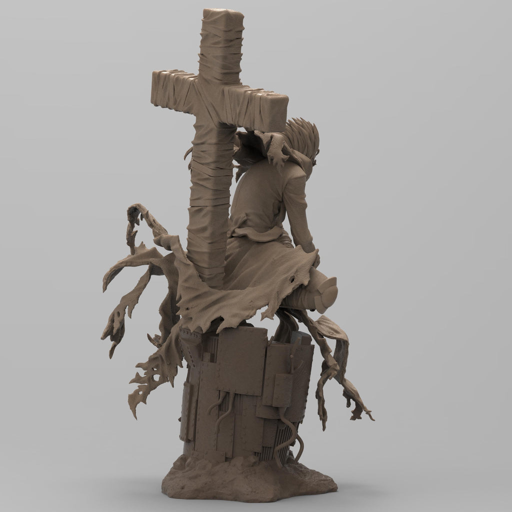 Vash the Stampede figure, posed on a weathered base with tattered red coat flowing. Holds dual revolvers, massive wrapped cross weapon on back. Inspired by Trigun, capturing his dynamic movement and signature look.