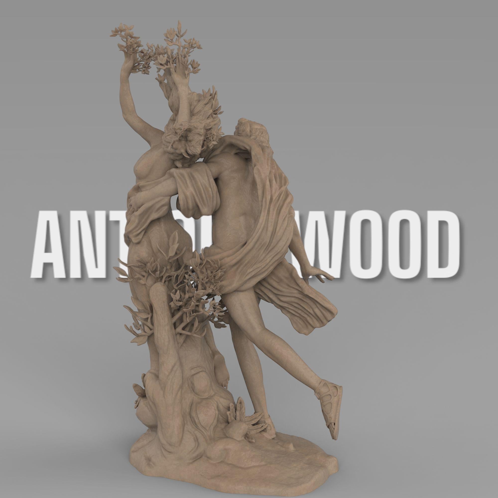 A statue of Apollo reaching for Daphne as she transforms into a laurel tree. Her hands and limbs sprout branches, capturing the dramatic moment of pursuit and escape in intricate detail.