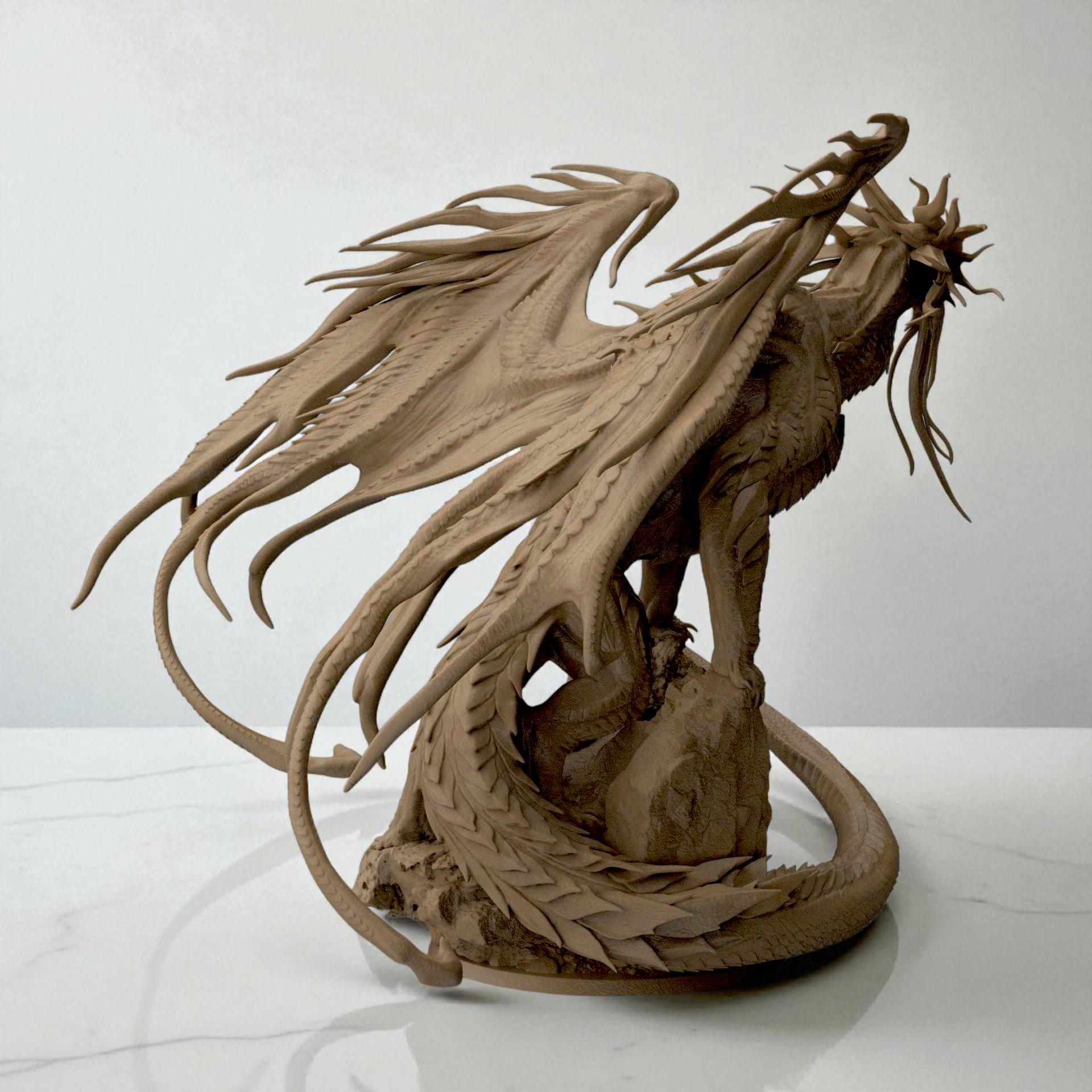 3D-printed Dragon Bahamut figurine featuring an awe-inspiring mythical dragon perched on a rocky base. The sculpture showcases flowing wing membranes, sharp scales, and a dynamic pose that radiates strength and majesty — a centerpiece piece for fantasy collectors and dragon enthusiasts alike.