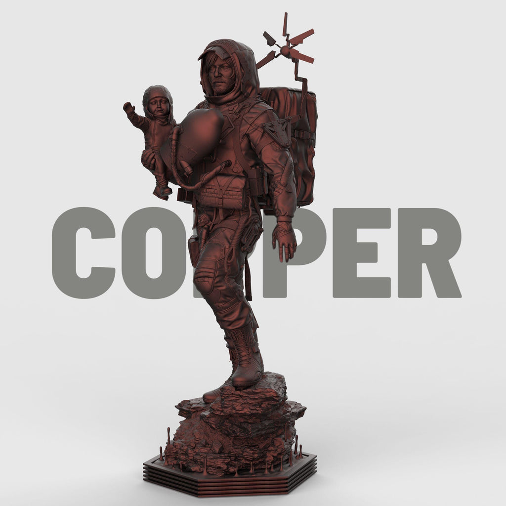 Delivery Man figurine depicting a rugged adventurer in detailed gear carrying supplies and equipment, standing firmly on a rocky base, available as an unpainted resin model.