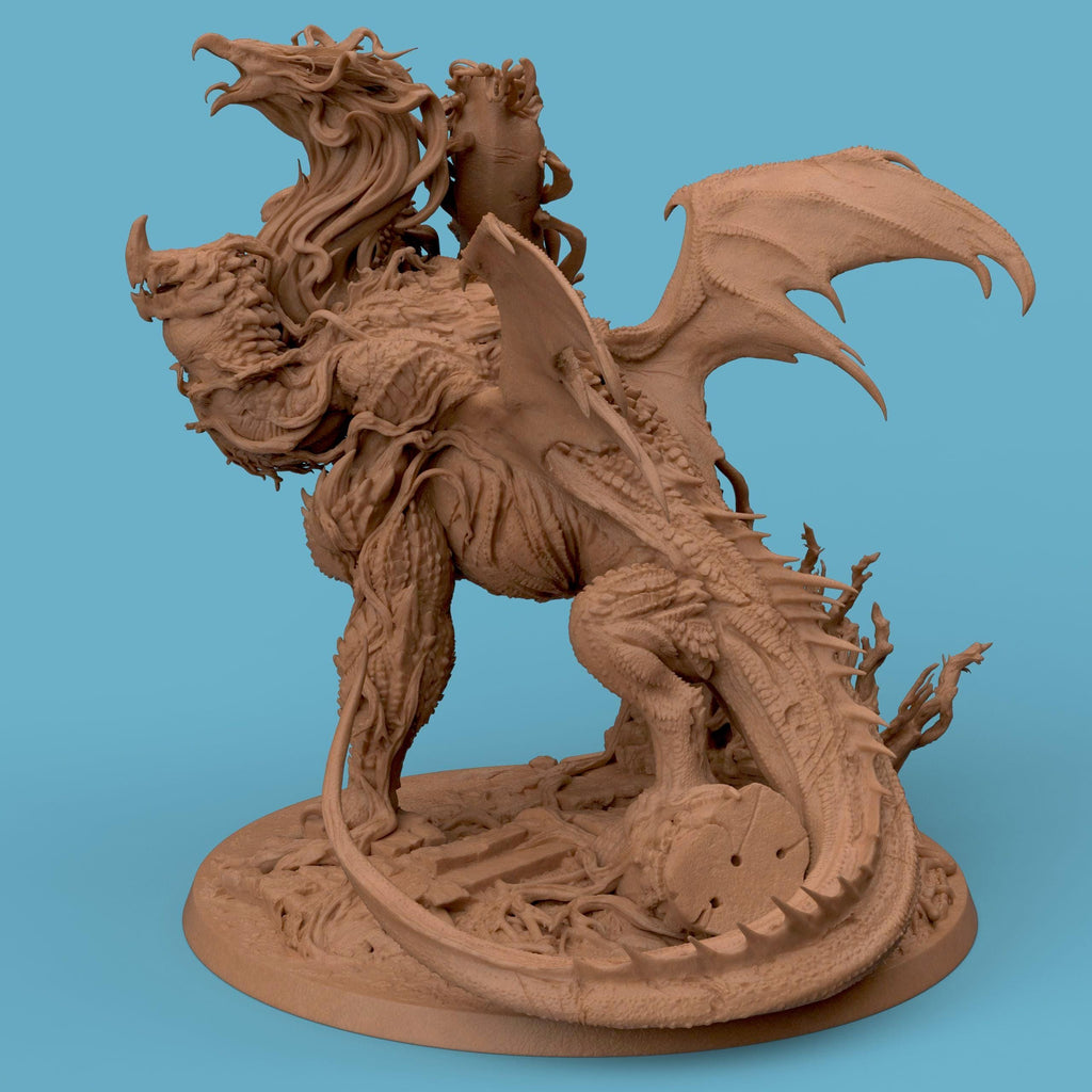 3D-printed Elemental Dragon miniature featuring an intricately sculpted dragon emerging from swirling organic roots and elemental textures. The creature combines stone-like scales, flowing tendrils, and powerful wings, embodying the fusion of nature and elemental power — a striking fantasy collectible for dragon enthusiasts and tabletop gamers.
