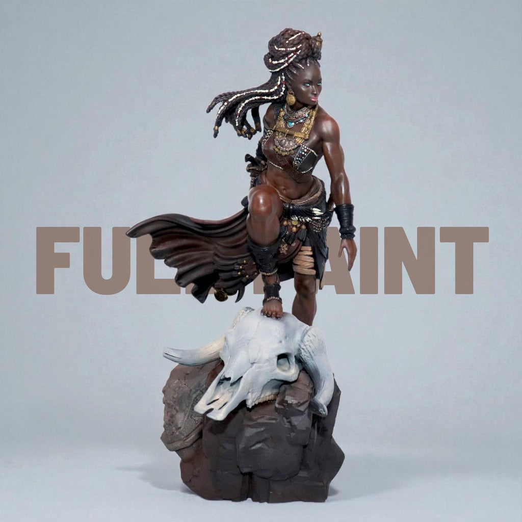 Elzebe, the Warrior Queen, stands atop a rocky skull, exuding strength and regality. Clad in intricate armor, her braided hair flows as she surveys the battlefield. A fierce leader, she embodies resilience and power, a true queen of war and legend.