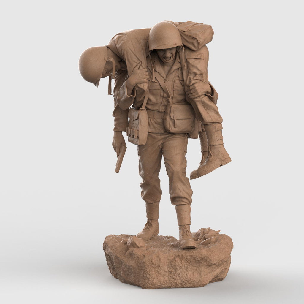 Detailed 3D-printed statue of a WWII soldier carrying a wounded comrade on his back, symbolizing courage, sacrifice, and brotherhood in battle. The figure is set on a rocky base, capturing raw emotion and heroic realism.