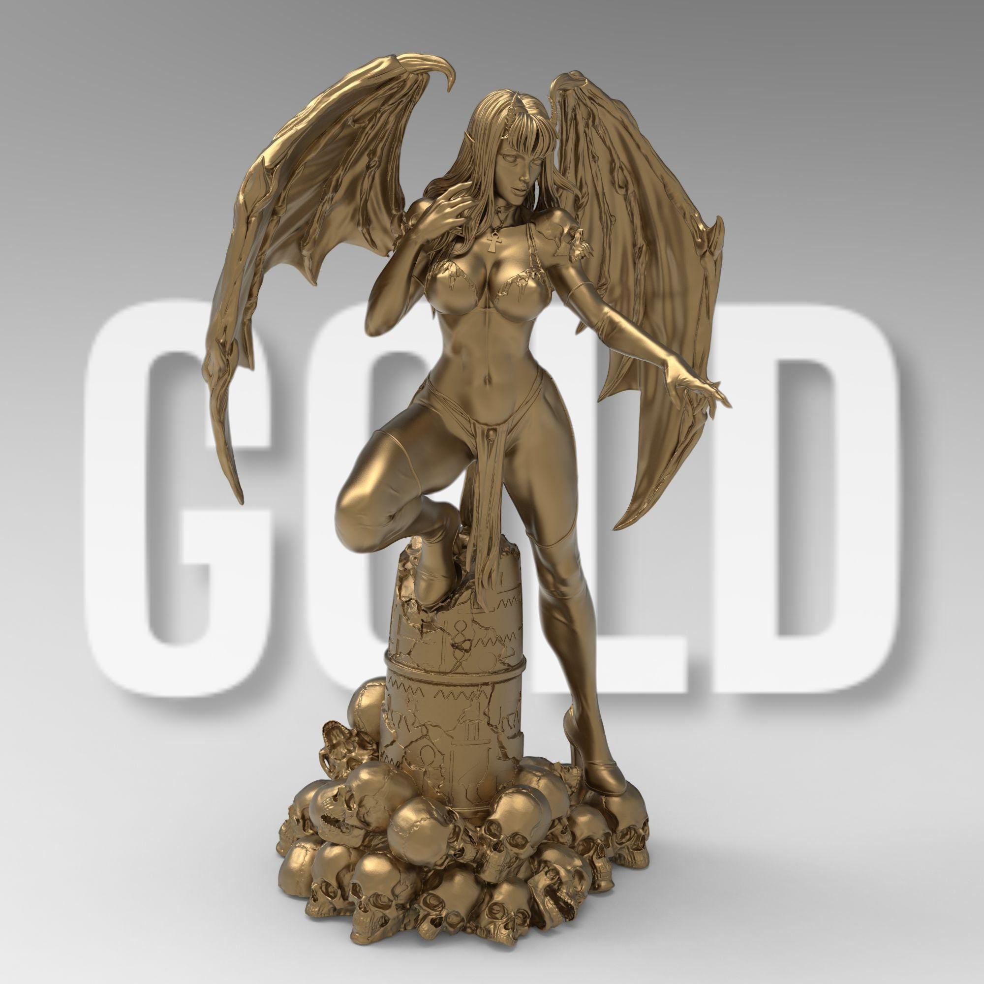 Demoness with bat-like wings, red skin, black armor, and piercing yellow eyes. She stands atop skulls, exuding power and allure. With curved horns and a confident stance, she embodies a seductive yet menacing presence.