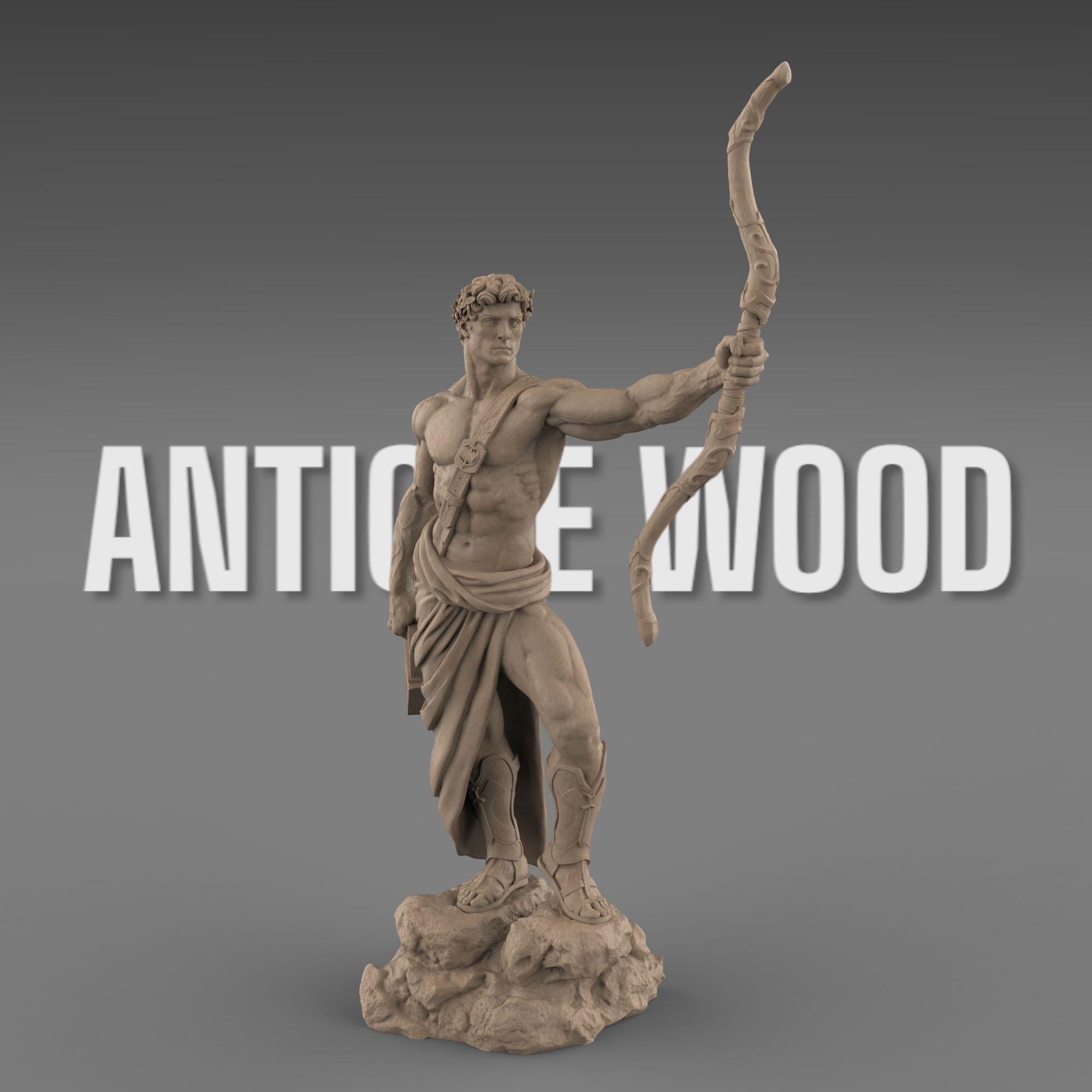 Apollo statue with a bow and lyre, wearing a laurel wreath and draped garment. His heroic stance and muscular form embody divine strength and grace.