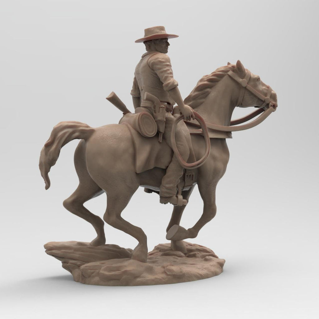 Antique wood-colored statue of a cowboy on horseback, holding a rope and equipped with a rifle and saddle gear, standing on a rugged base with detailed textures.
