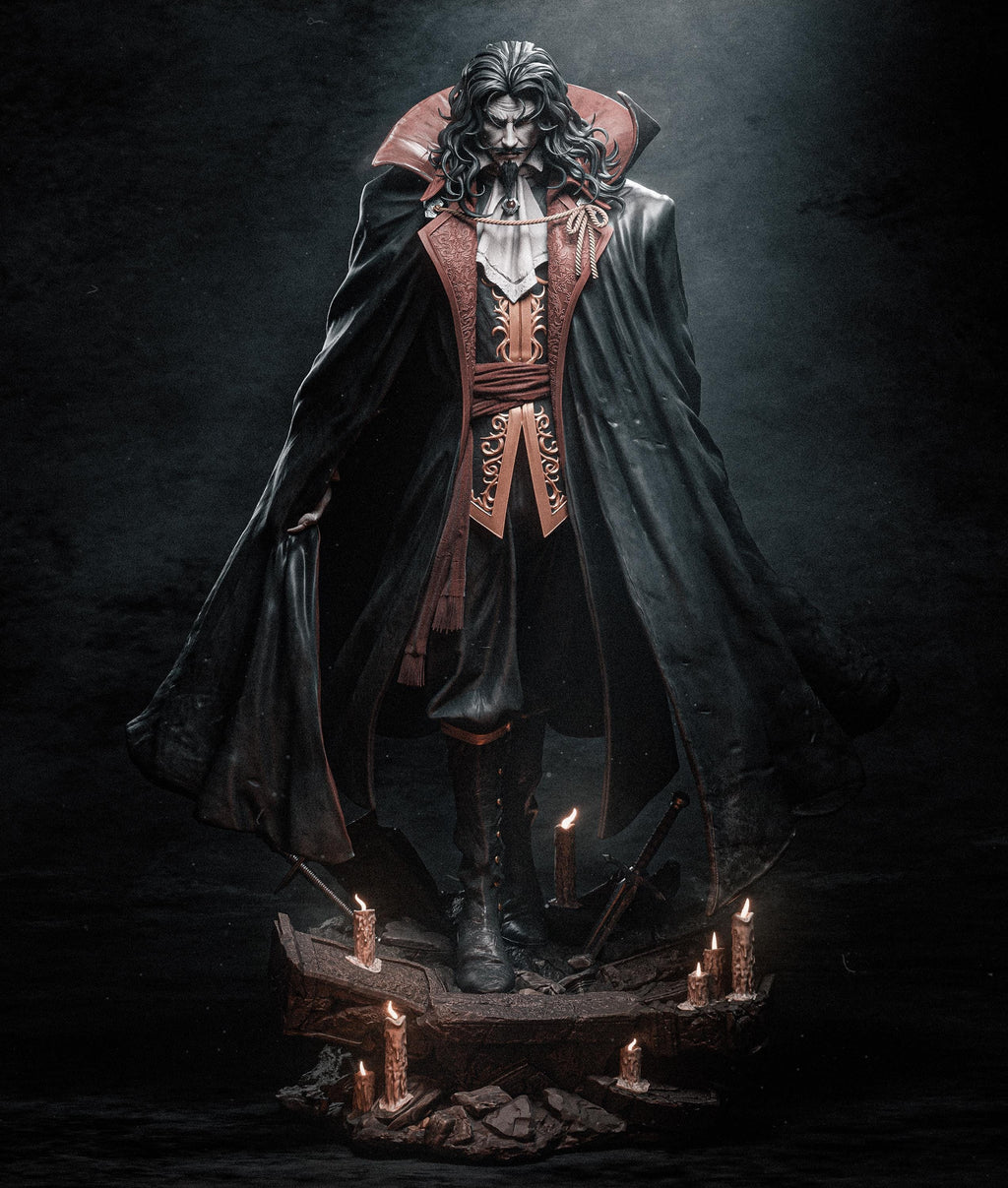 Commanding and sinister, our Dracula sculpture channels the dark majesty of the legendary vampire lord. Cloaked in regal armor and standing amid shattered ruins, this hand-painted or unpainted piece is perfect for gothic collectors and fantasy lovers.