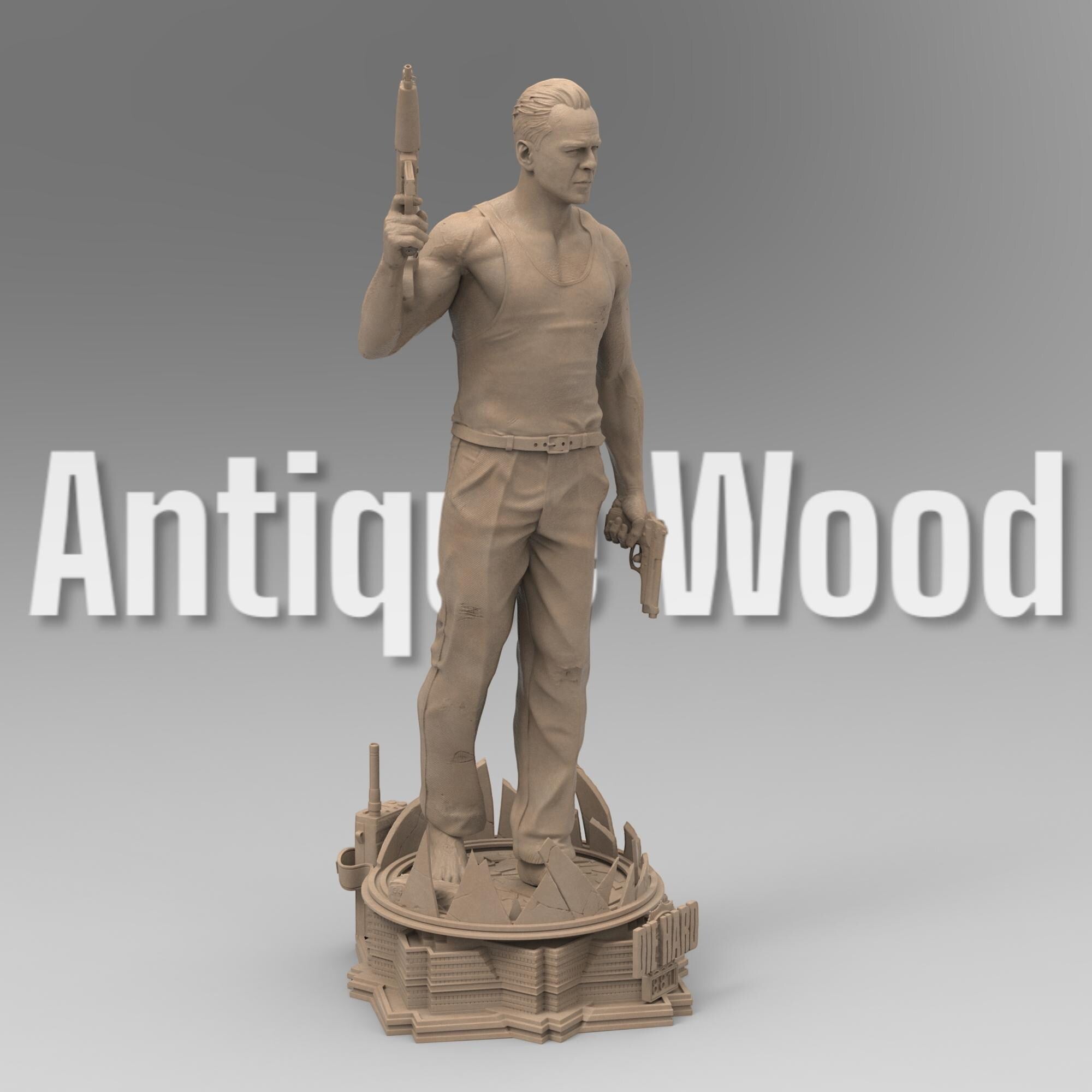 A detailed 3D-printed statue of McLane of Mayhem, posed dynamically with a machine gun and pistol, standing atop a sculpted base featuring shattered glass and city elements. Perfect for collectors and action movie fans.