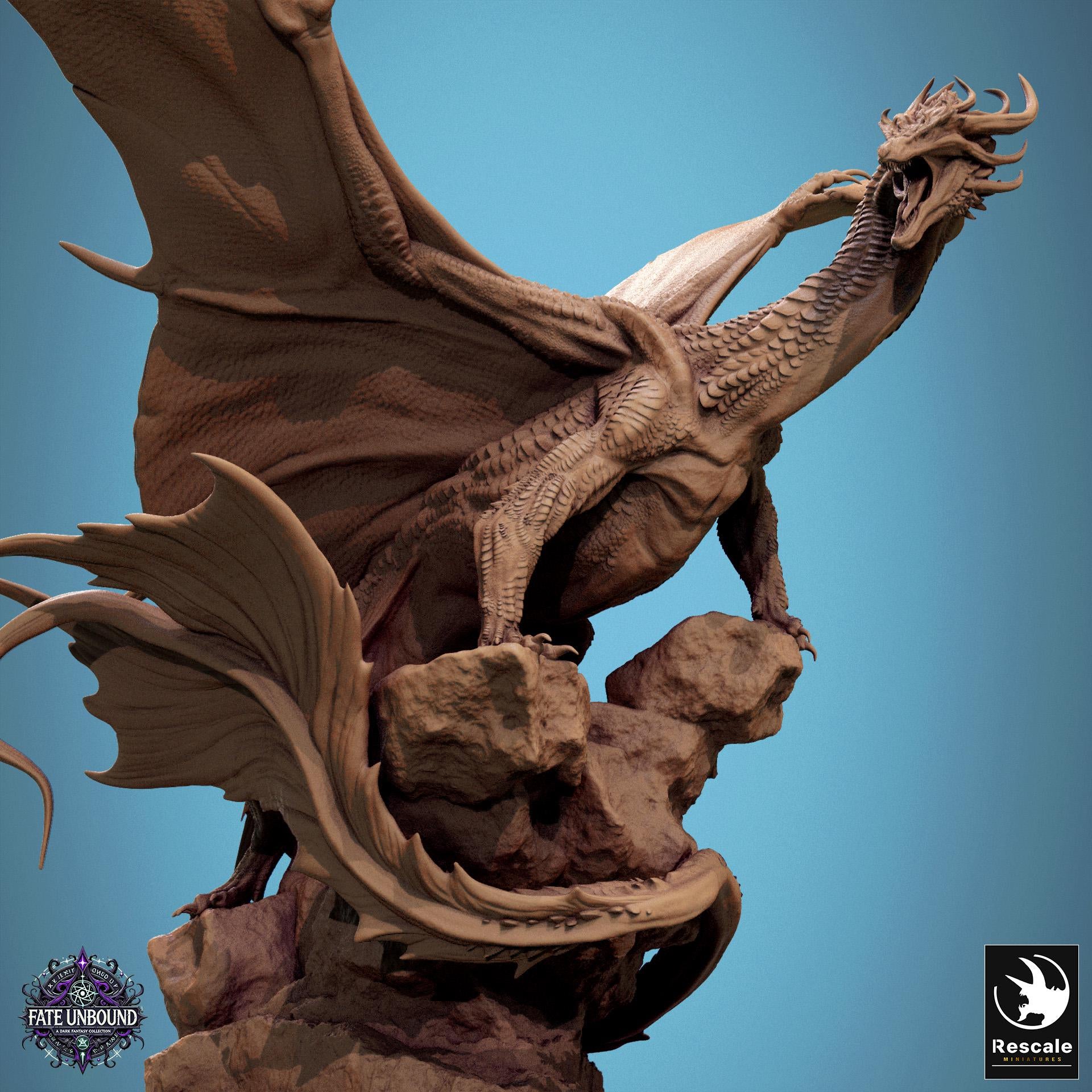 RPG miniatures set from Fate Unbound by Rescale Miniatures. Features various winged creatures, armored warriors, and dragons posed dynamically, ideal for tabletop games.
