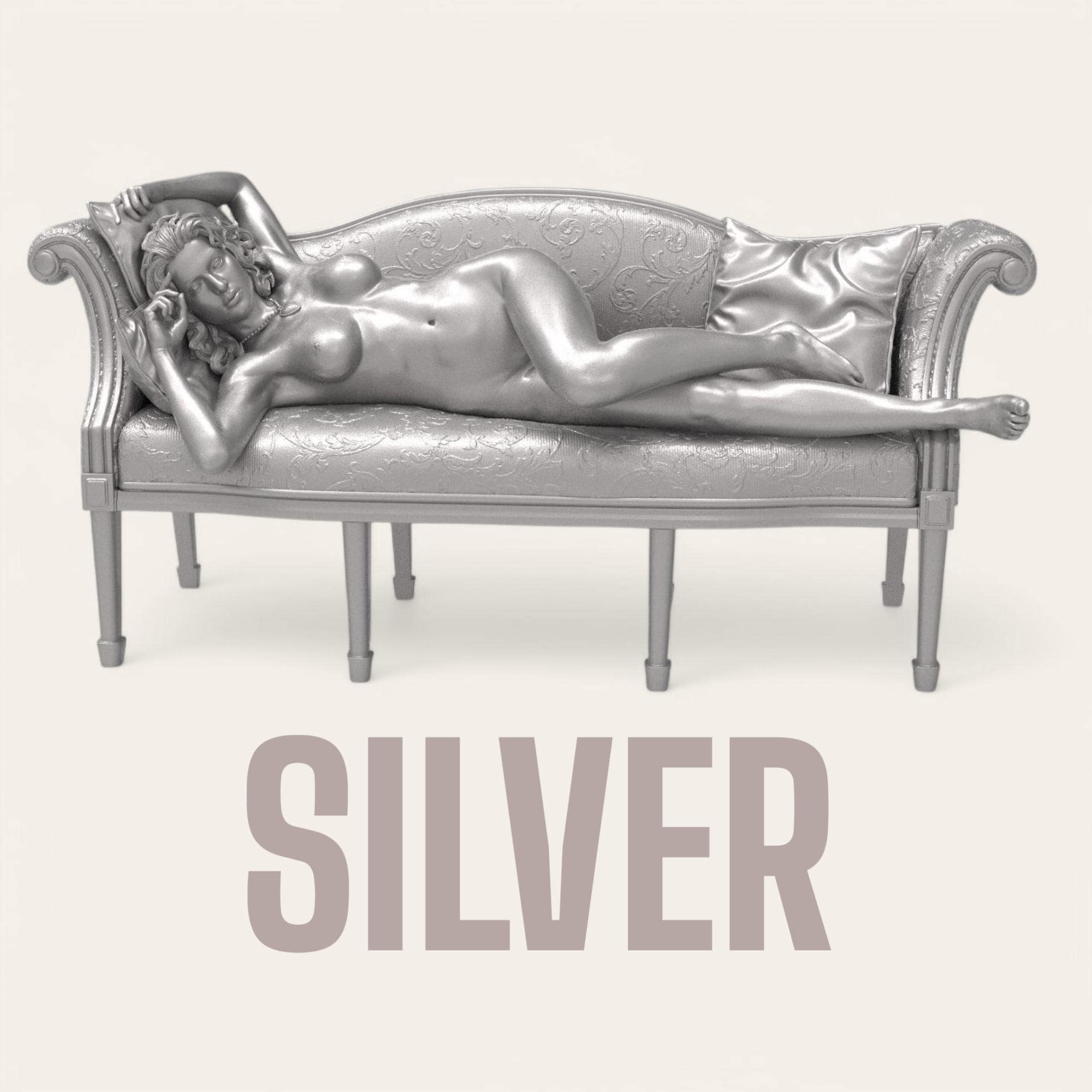 Titanic Rose 3D sculpture inspired by the iconic film pose. A graceful figure reclines nude on a vintage sofa, with detailed textures in fabric and anatomy, capturing a timeless moment of elegance and vulnerability.