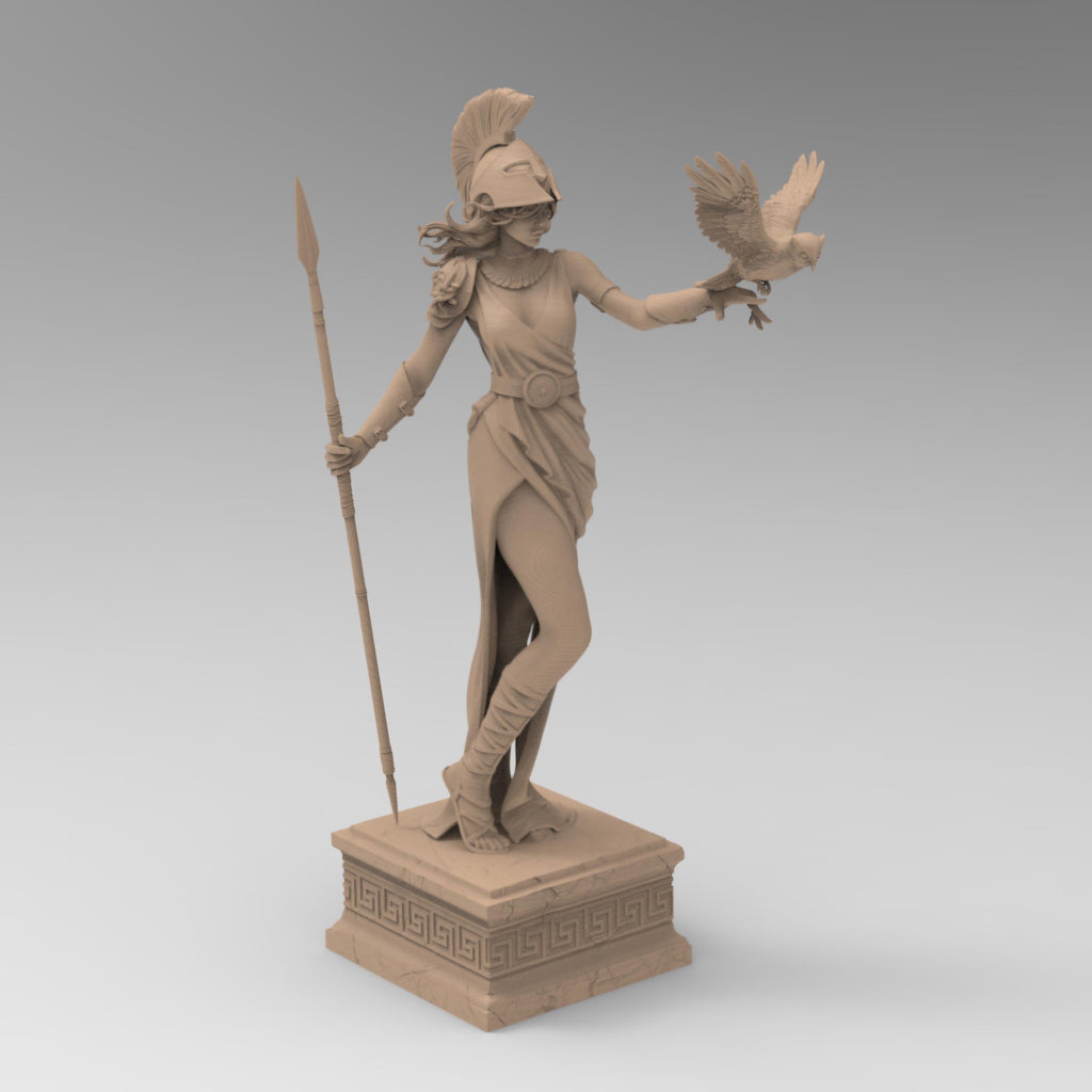 Statue of Athena, the Greek goddess of wisdom, featuring a detailed helmet, flowing robe, spear, and an owl perched on her arm, standing gracefully on a decorative pedestal.