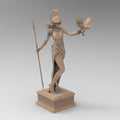 Statue of Athena, the Greek goddess of wisdom, featuring a detailed helmet, flowing robe, spear, and an owl perched on her arm, standing gracefully on a decorative pedestal.