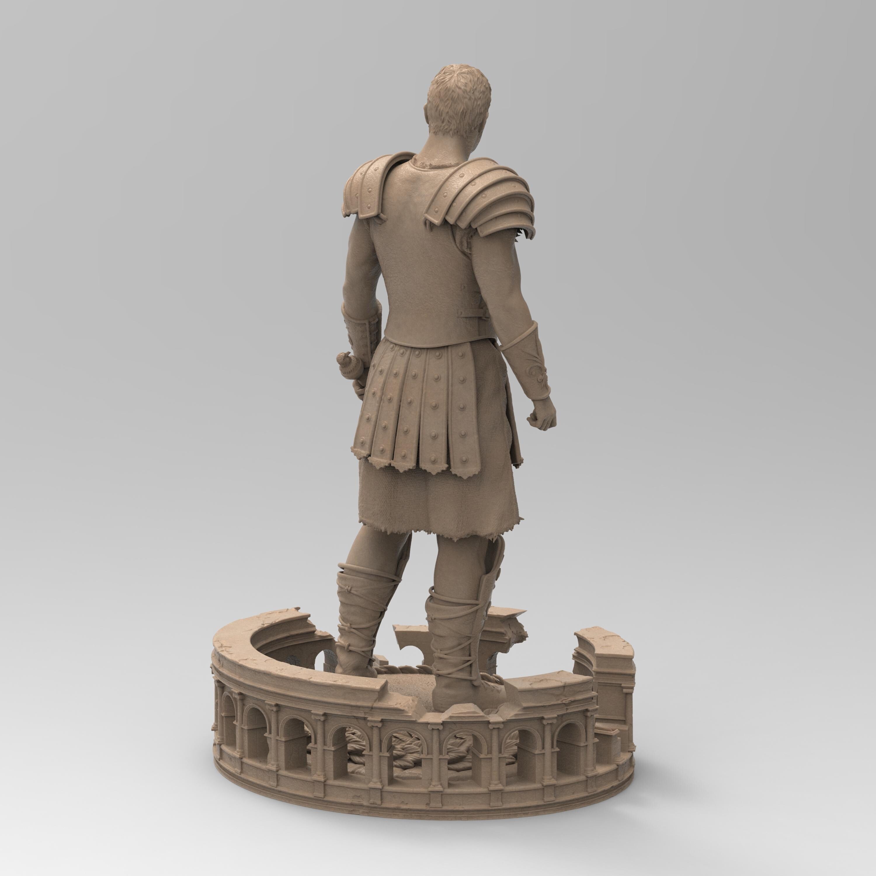 Statuette of The Gladiator, depicted in detailed armor with a sword in hand, standing confidently on a base featuring an intricate colosseum design and laurel accents.