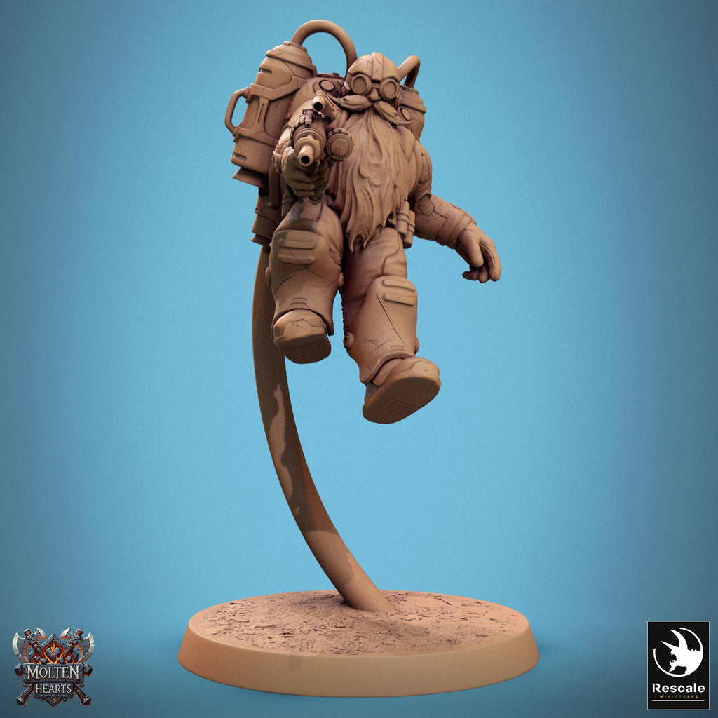 The Dwarf Steampunk gunslinger wields dual intricate pistols, clad in heavy boots and a mechanical backpack. His long beard flows beneath his goggles as he stands ready for battle, a fusion of dwarven grit and advanced steampunk technology.