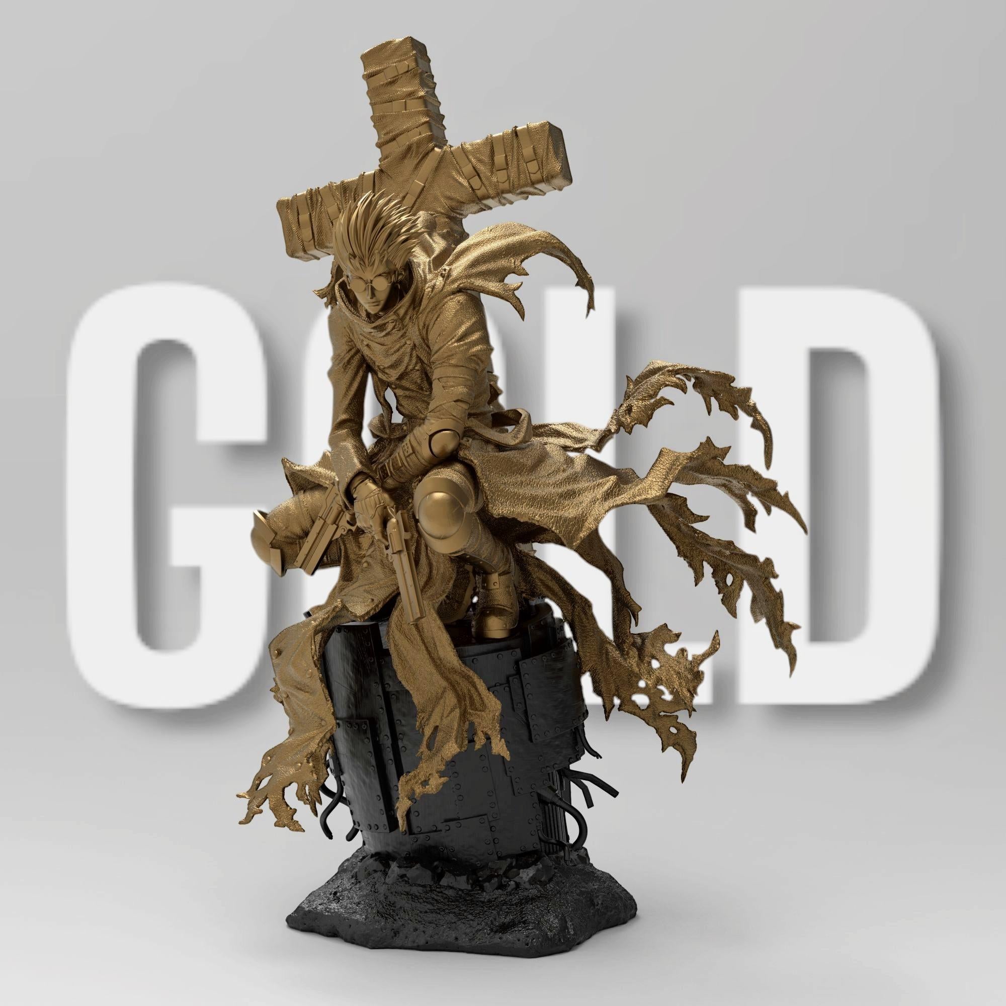 Vash the Stampede figure, posed on a weathered base with tattered red coat flowing. Holds dual revolvers, massive wrapped cross weapon on back. Inspired by Trigun, capturing his dynamic movement and signature look.