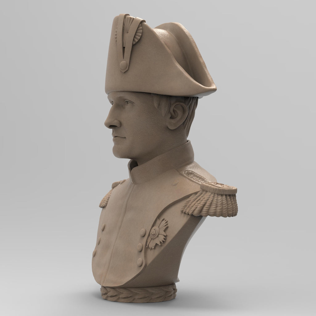 Bust of Napoleon Bonaparte wearing a bicorne hat and detailed military uniform, showcasing epaulets and a medal, set against a neutral background.