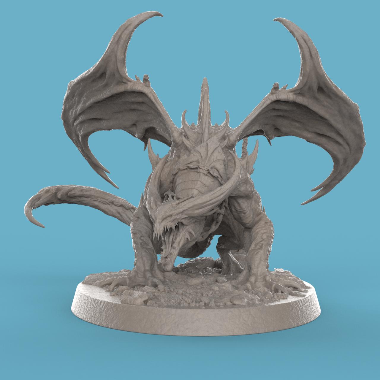 3D-printed statuette of a demonic dragon-like creature titled Hell Spawned Brood Attack. The beast crouches low on a rocky base, its body covered in spines and ridges with a menacing snarl. Large, bat-like wings arch upward, framing its muscular form, while twisted horns and sharp claws emphasize its ferocity. The detailed base includes scattered rocks, a skull, and a broken weapon, adding to the dark, infernal atmosphere.