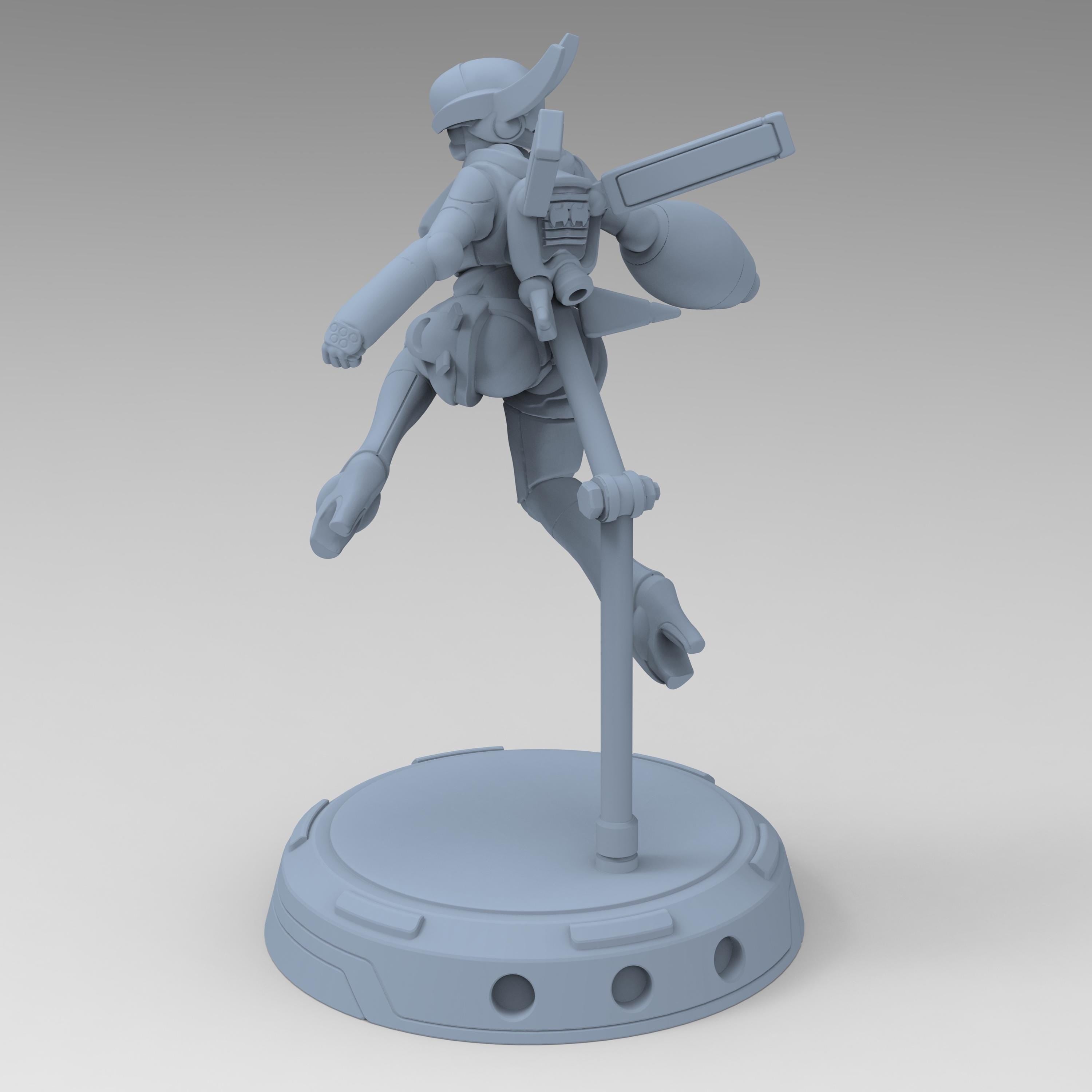 Cyberbabe Mommo, a dynamic cyberpunk warrior, soars mid-air in sleek armor with powerful gauntlets and a futuristic visor. Her agile stance and mechanical enhancements make her a striking figure for sci-fi enthusiasts and collectors.