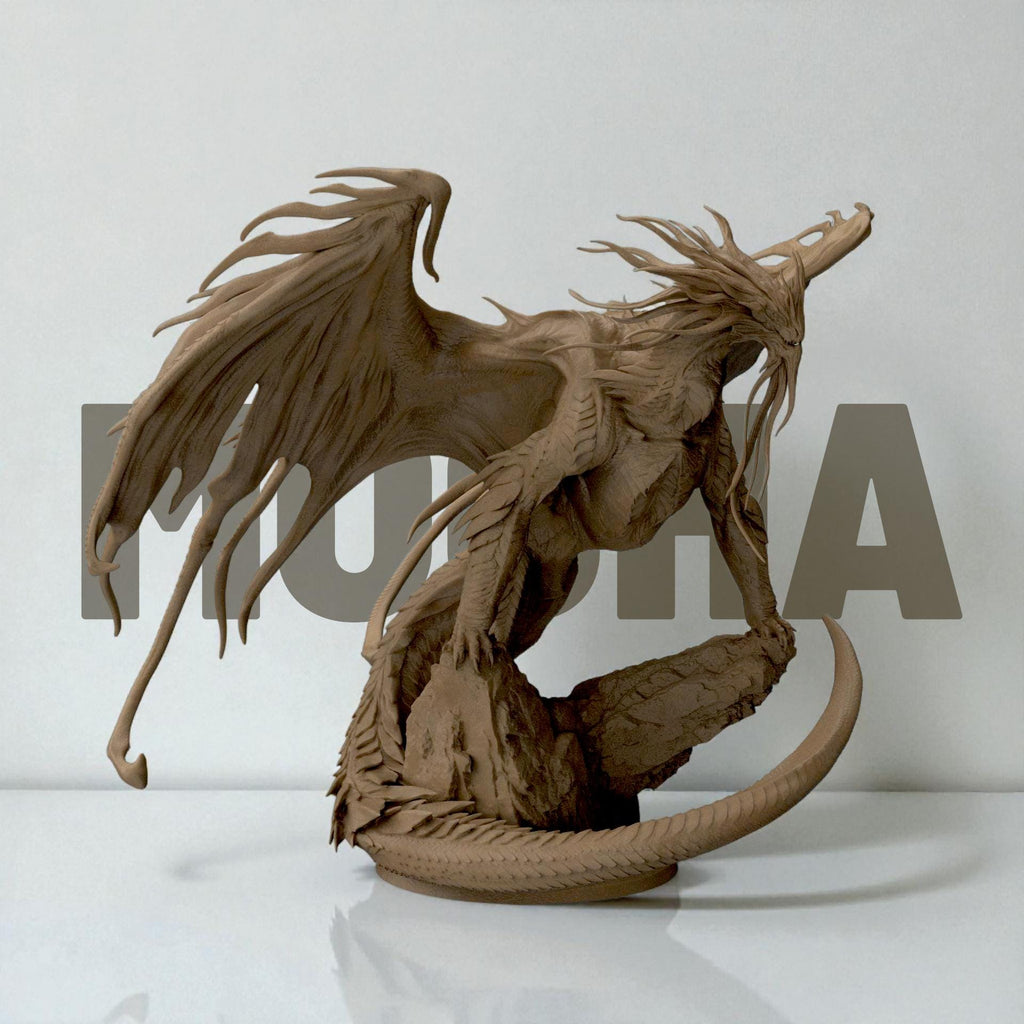 3D-printed Dragon Bahamut figurine featuring an awe-inspiring mythical dragon perched on a rocky base. The sculpture showcases flowing wing membranes, sharp scales, and a dynamic pose that radiates strength and majesty — a centerpiece piece for fantasy collectors and dragon enthusiasts alike.