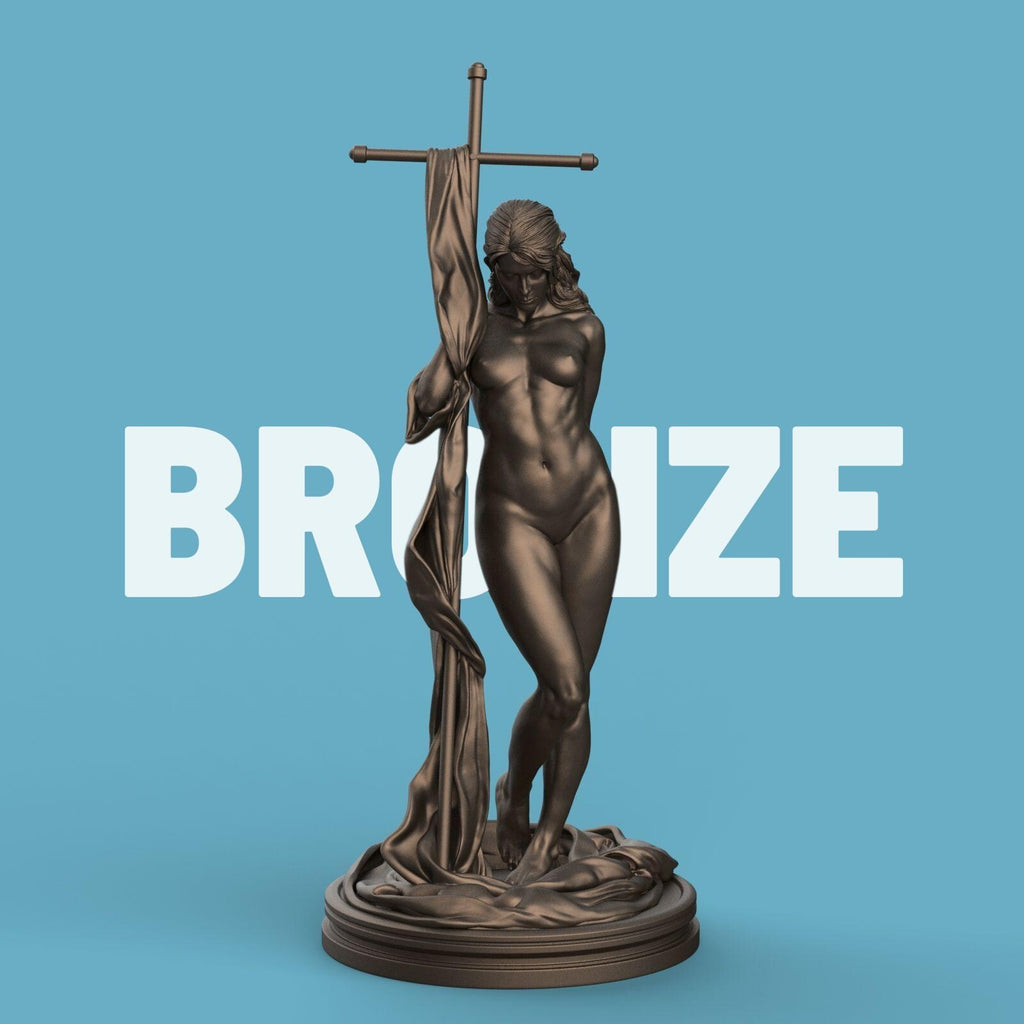 3D-printed Helga statue featuring a graceful nude female figure posed beside a large cross-draped cloth, standing on a textured circular base. Elegant and artistic collectible sculpture, ideal for home décor or display.