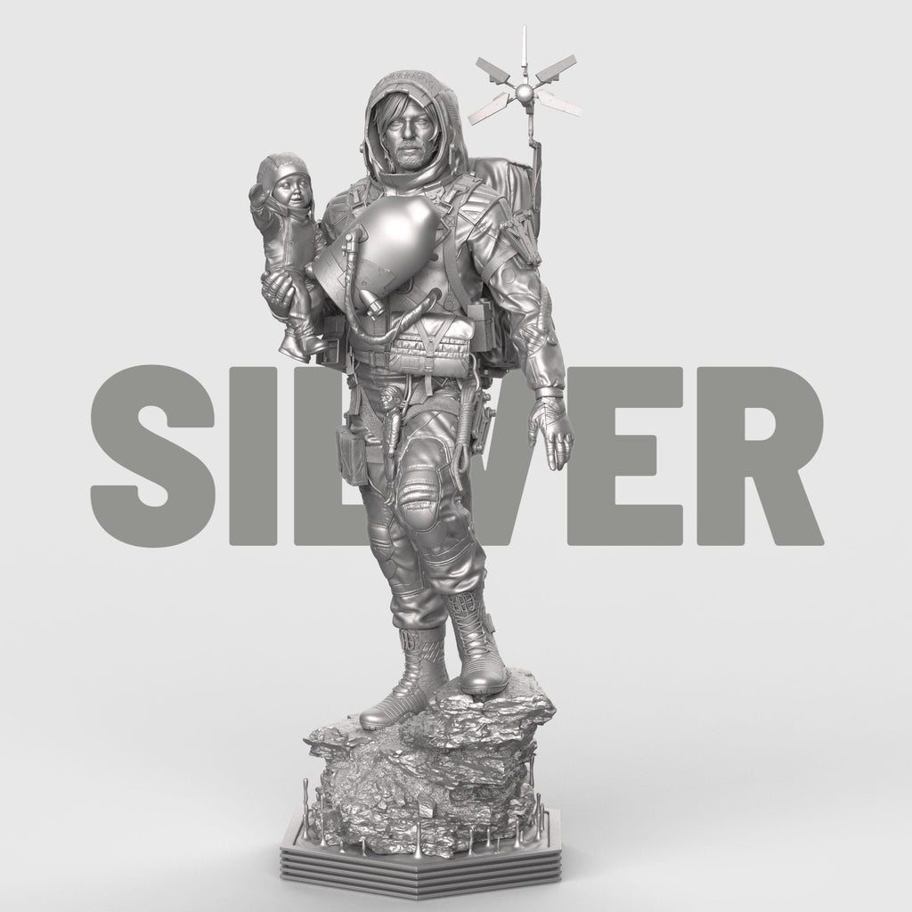 Delivery Man figurine depicting a rugged adventurer in detailed gear carrying supplies and equipment, standing firmly on a rocky base, available as an unpainted resin model.