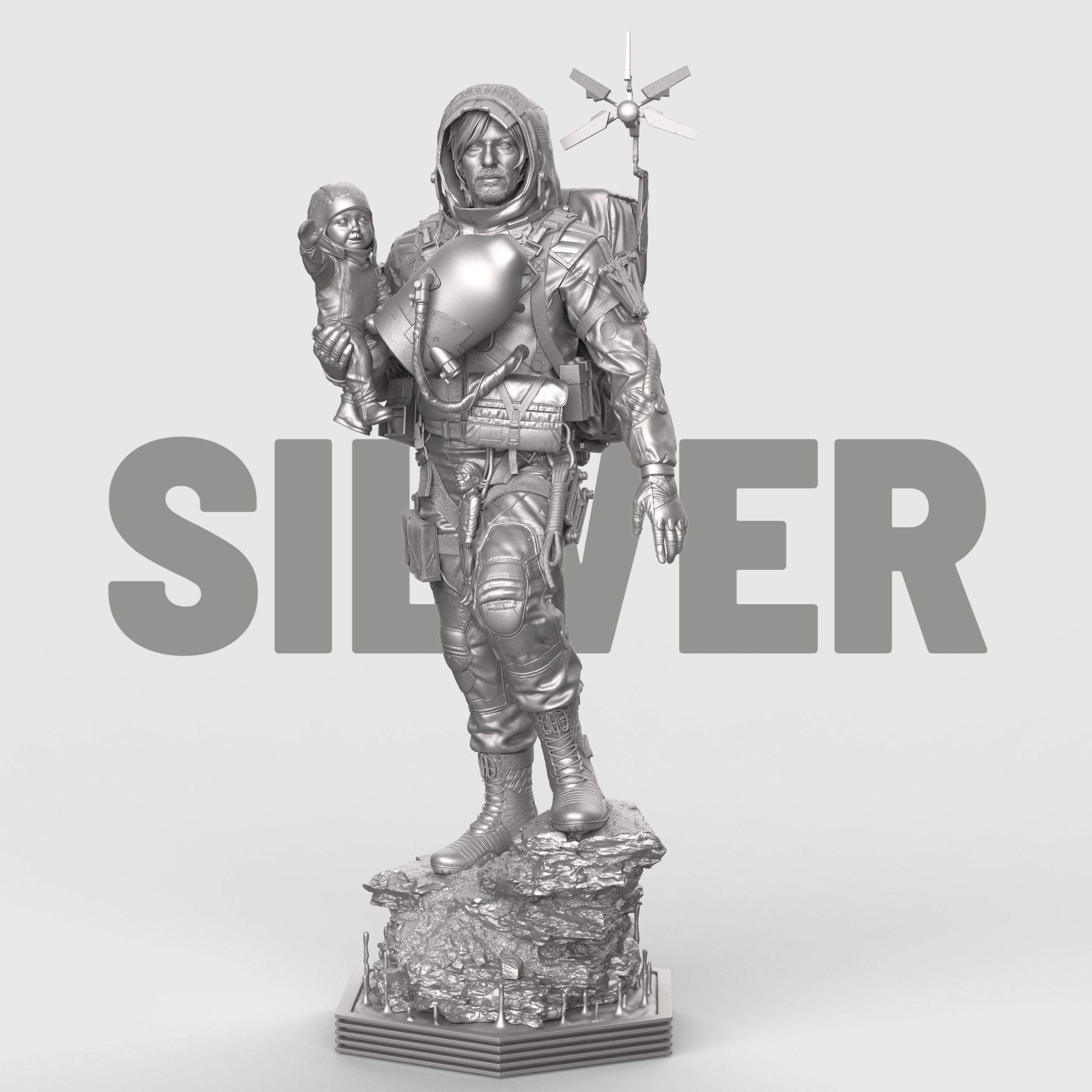 Delivery Man figurine depicting a rugged adventurer in detailed gear carrying supplies and equipment, standing firmly on a rocky base, available as an unpainted resin model.