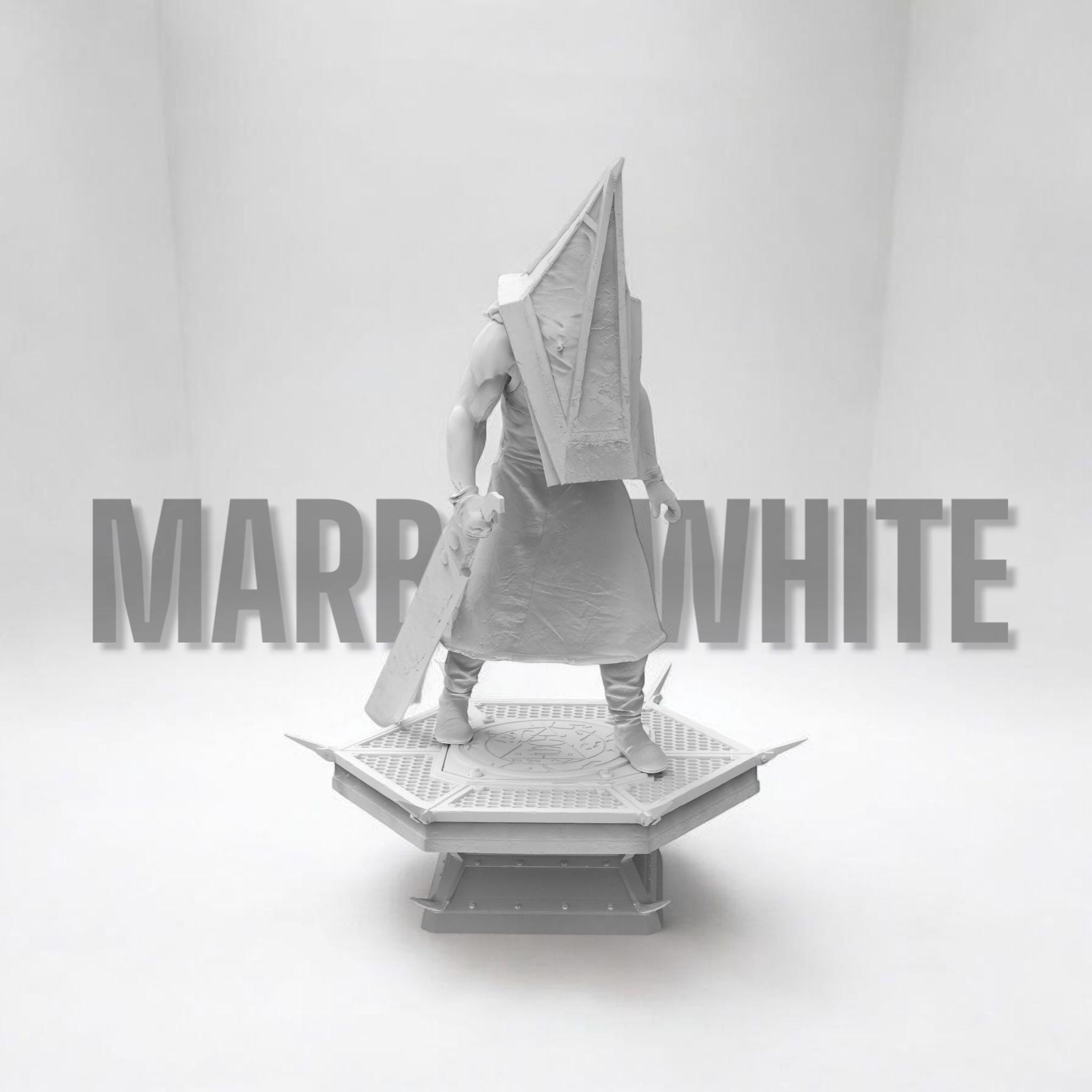 A menacing figure stands on a spiked platform, clad in a long, tattered robe with a massive pyramid-shaped helmet. He grips a large, rusted blade, exuding an aura of terror. Shadows stretch behind him, amplifying his ominous presence.