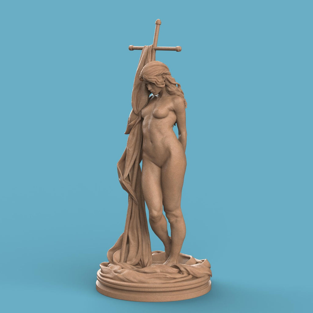 3D-printed Helga statue featuring a graceful nude female figure posed beside a large cross-draped cloth, standing on a textured circular base. Elegant and artistic collectible sculpture, ideal for home décor or display.
