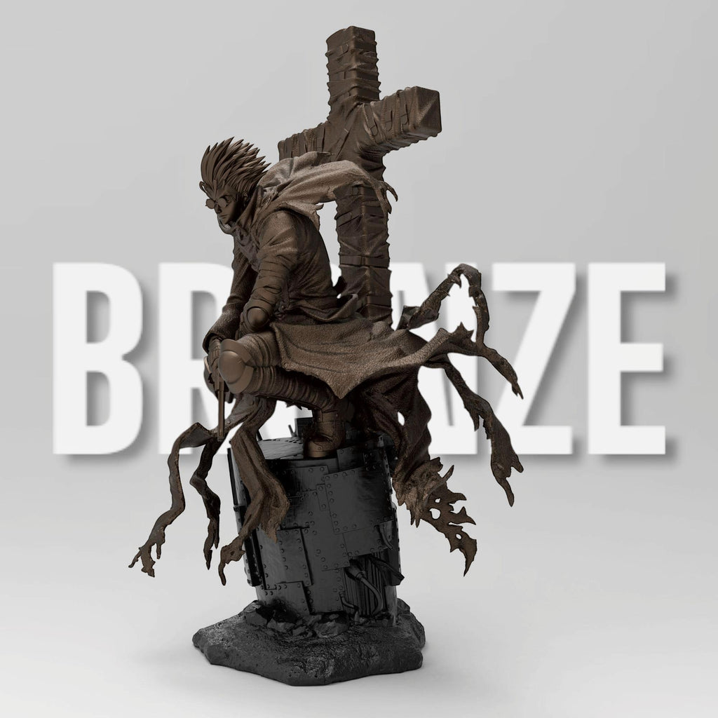 Vash the Stampede figure, posed on a weathered base with tattered red coat flowing. Holds dual revolvers, massive wrapped cross weapon on back. Inspired by Trigun, capturing his dynamic movement and signature look.