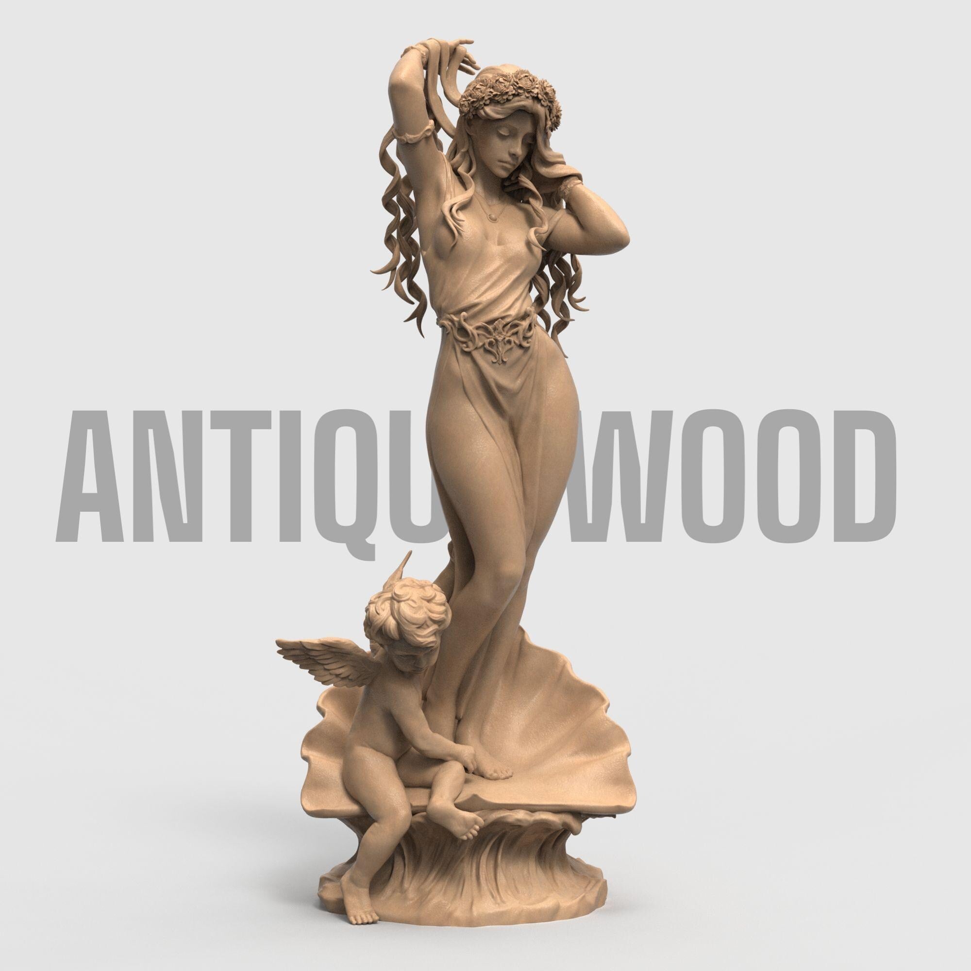 Aphrodite Robe Edition captures the goddess of love in an elegant pose, rising from a seashell as a cherub reaches toward her. This 3D-printed sculpture is a tribute to beauty and myth, featuring flowing hair, a delicate robe, and intricate detail that brings classical charm into any space.