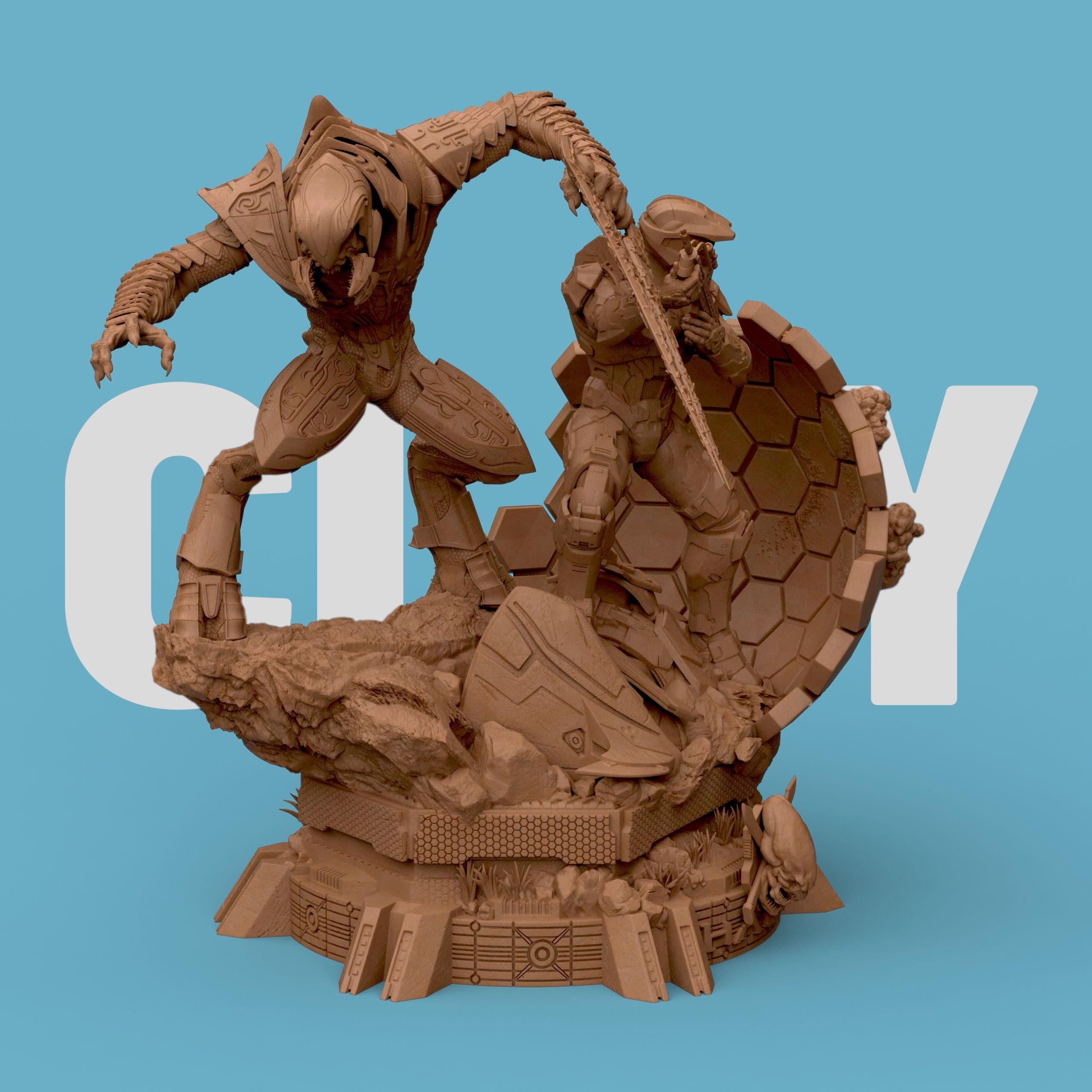 3D-printed diorama featuring the Arbiter and Master Chief locked in battle, captured in dynamic motion. The detailed scene showcases the two armored warriors clashing atop a sci-fi terrain with glowing energy blades and futuristic textures, embodying heroism, rivalry, and cinematic intensity — a perfect collectible for sci-fi fans and gamers.