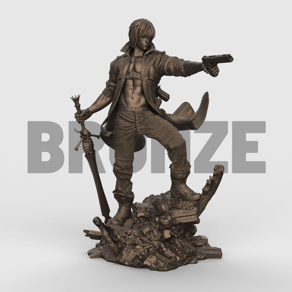 Dante figurine posed dynamically on rocky terrain, wearing a flowing red coat and holding a pistol aimed forward, with detailed sculpting and painted finish.