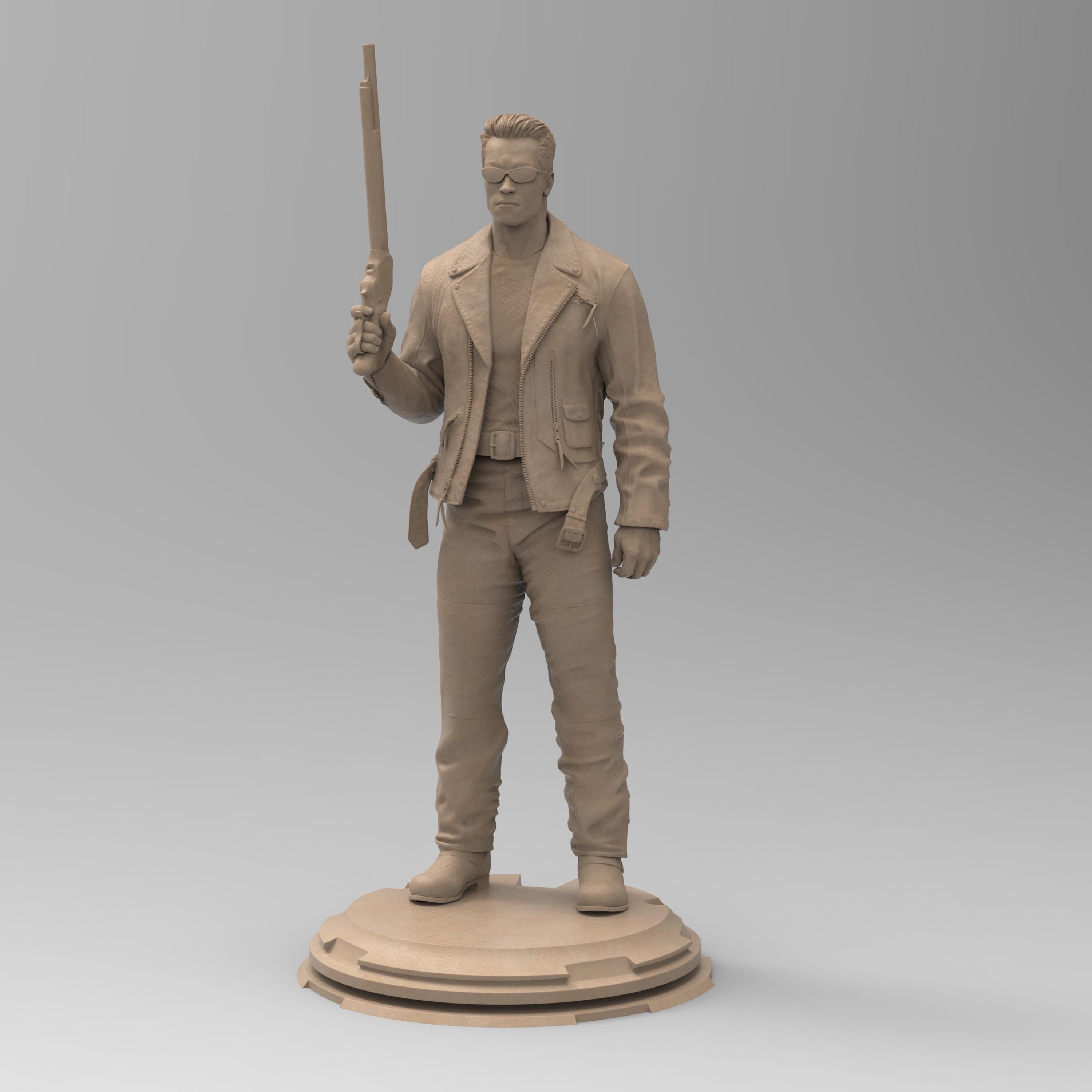 A 3D printed figurine of the Enforcer, featuring detailed clothing, sunglasses, and a shotgun. Captures the iconic look with a strong stance on a round base. Perfect for fans of the classic sci-fi film.