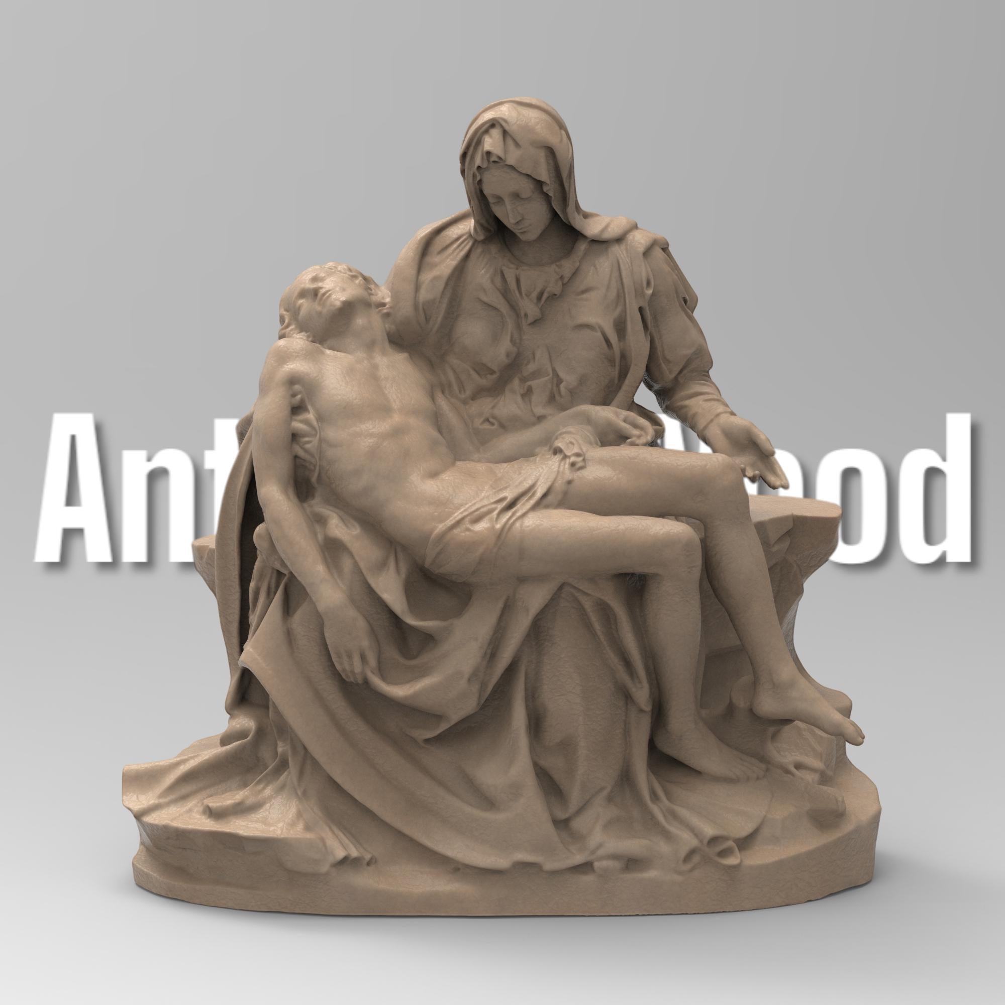 Detailed La Pietà statuette depicting Mary cradling the lifeless body of Jesus. Features intricate drapery, serene expressions, and masterful sculpting inspired by Michelangelo’s Renaissance masterpiece.