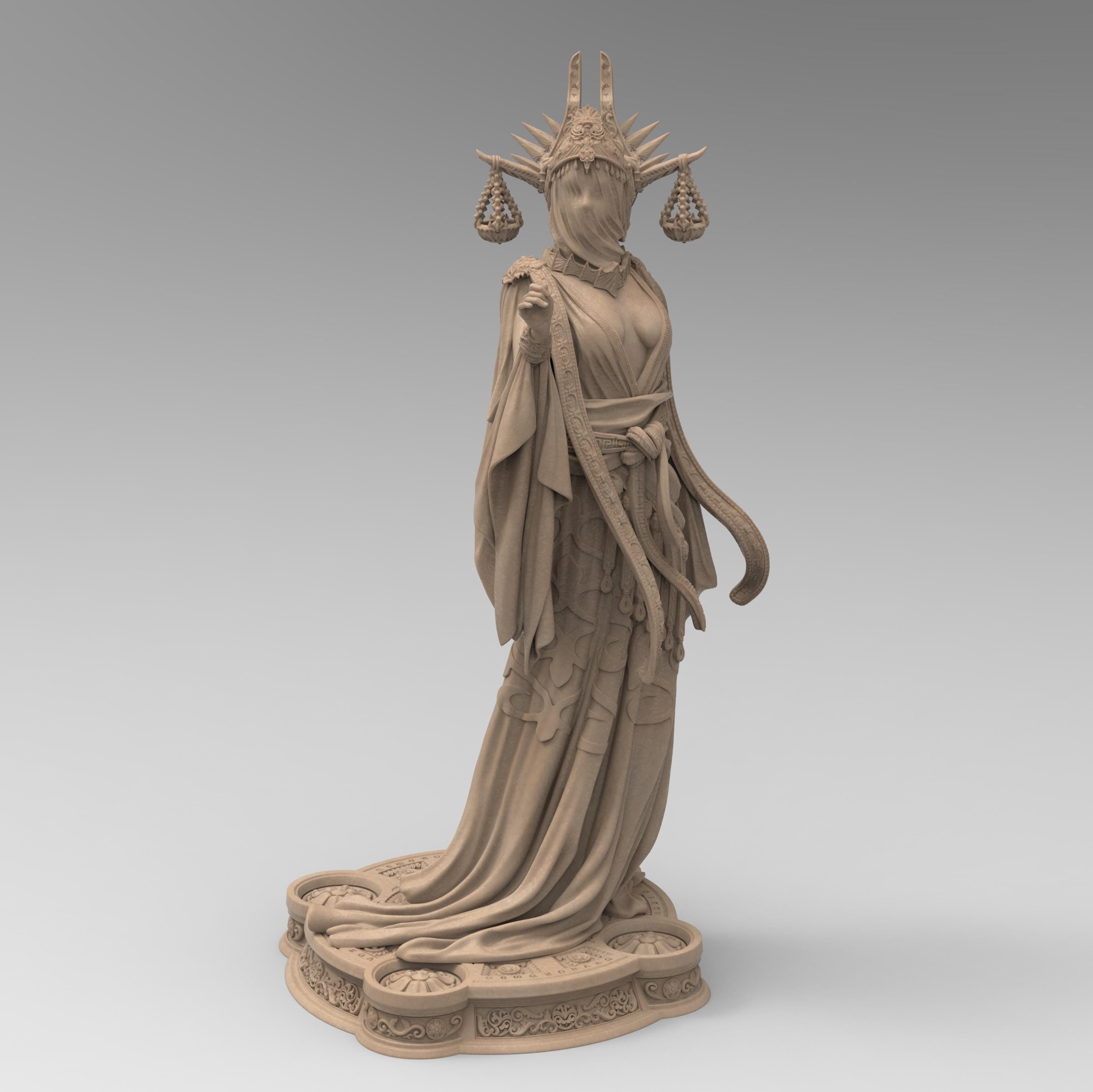 Highly detailed 3D-printed statue of Atropos the Moirai. Depicted in a flowing robe with intricate gold detailing, a veiled face, and an elaborate headdress featuring hanging scales. A stunning display of divine elegance and fate’s embodiment.