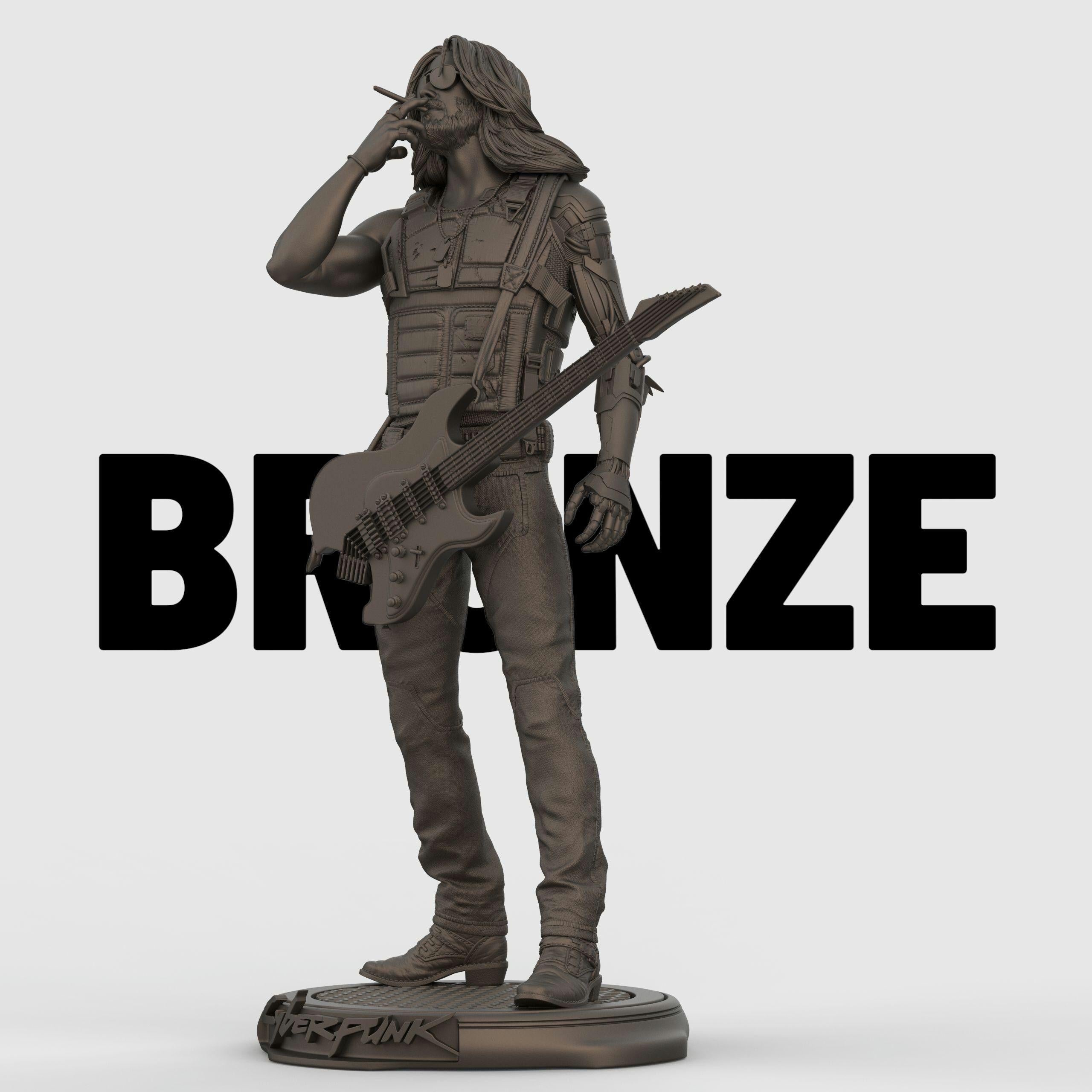 Highly detailed Johnny collectible statue inspired by Cyberpunk, featuring the iconic rocker with cybernetic arm, tactical vest, and electric guitar slung across his body. Posed mid-smoke on a stylized base. Available in full color, gold, silver, bronze, Stone Gray, Walnut finishes for striking display options.