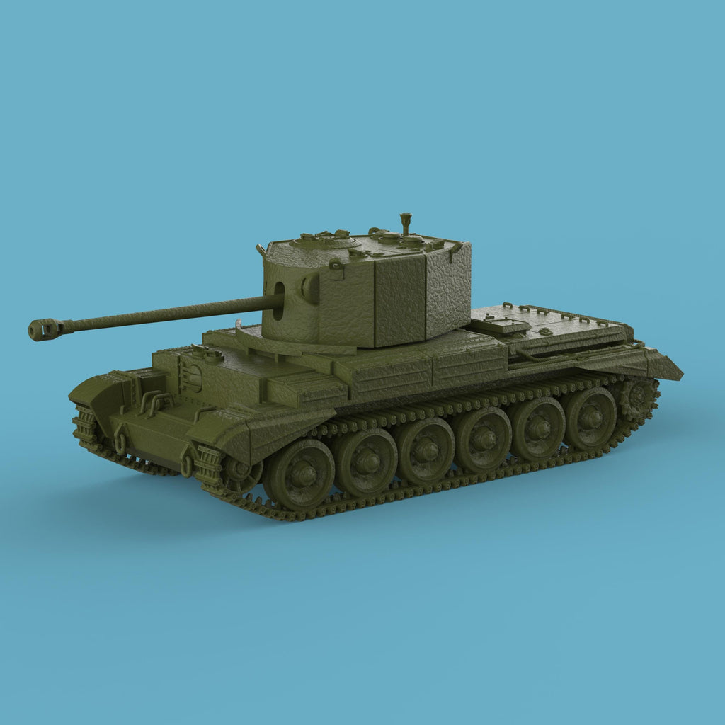 A tabletop miniature model of the A30 Challenger Tank, featuring a detailed turret with a long barrel, six large road wheels on each side, and distinct track and hull details. The model has a textured finish, resembling a scaled-down, resin-cast military tank displayed against a plain blue background.