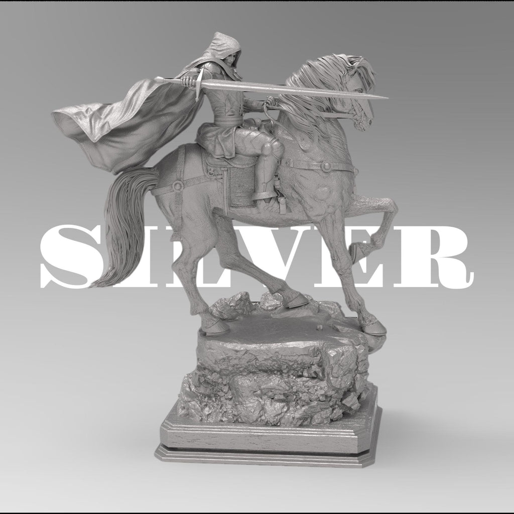 May include: A beige colored statue of a knight riding a horse. The Armored Revenant is wearing a hooded cloak and holding a sword. The horse is standing on a rocky base.