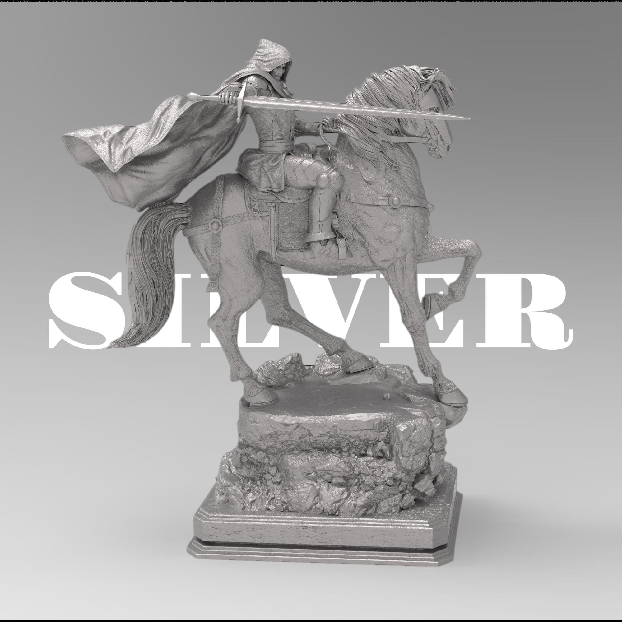 May include: A beige colored statue of a knight riding a horse. The Armored Revenant is wearing a hooded cloak and holding a sword. The horse is standing on a rocky base.