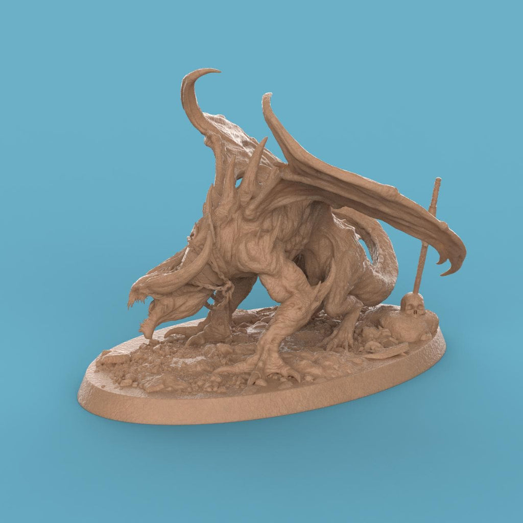 3D-printed statuette of a demonic dragon-like creature titled Hell Spawned Brood Attack. The beast crouches low on a rocky base, its body covered in spines and ridges with a menacing snarl. Large, bat-like wings arch upward, framing its muscular form, while twisted horns and sharp claws emphasize its ferocity. The detailed base includes scattered rocks, a skull, and a broken weapon, adding to the dark, infernal atmosphere.