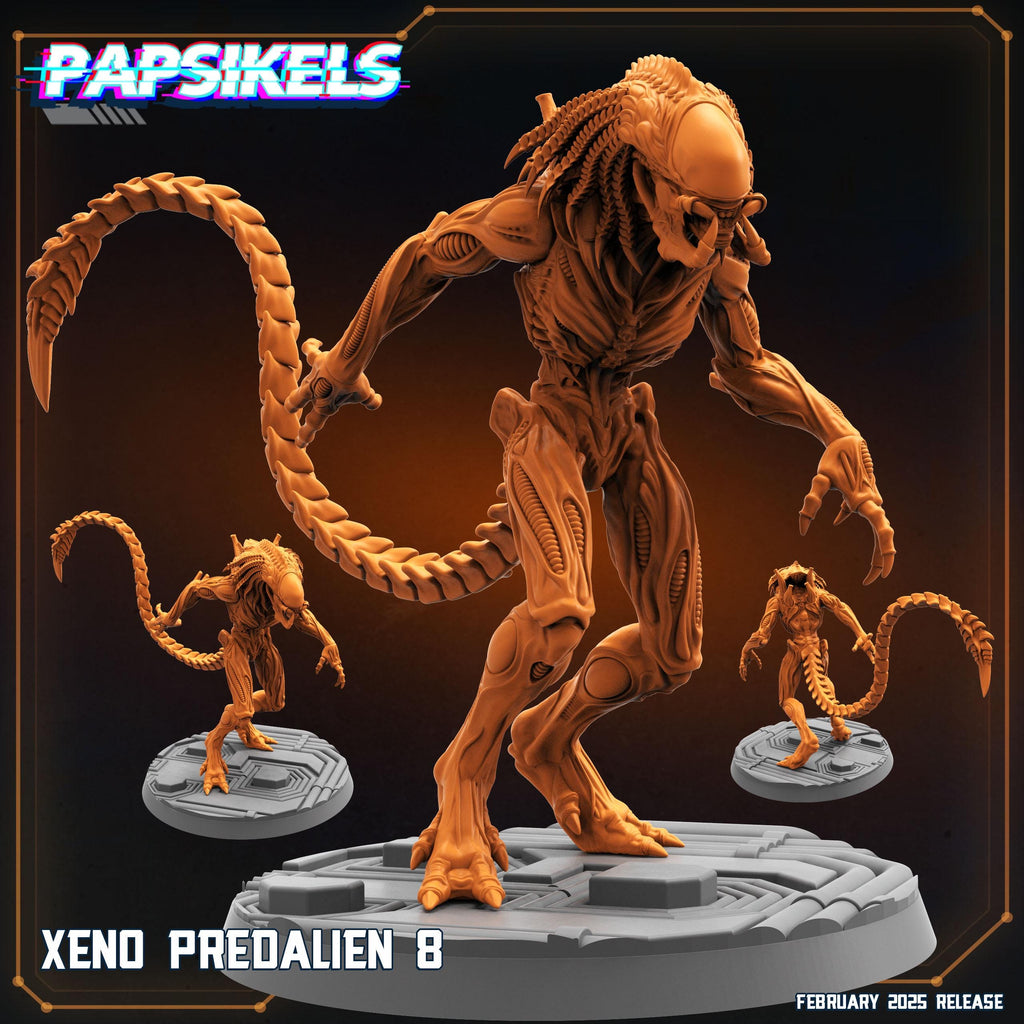A terrifying alien creature with an elongated head, sharp claws, and biomechanical details, standing on a sci-fi platform. Its powerful stance and menacing posture make it a formidable figure, perfect for RPG or tabletop games.