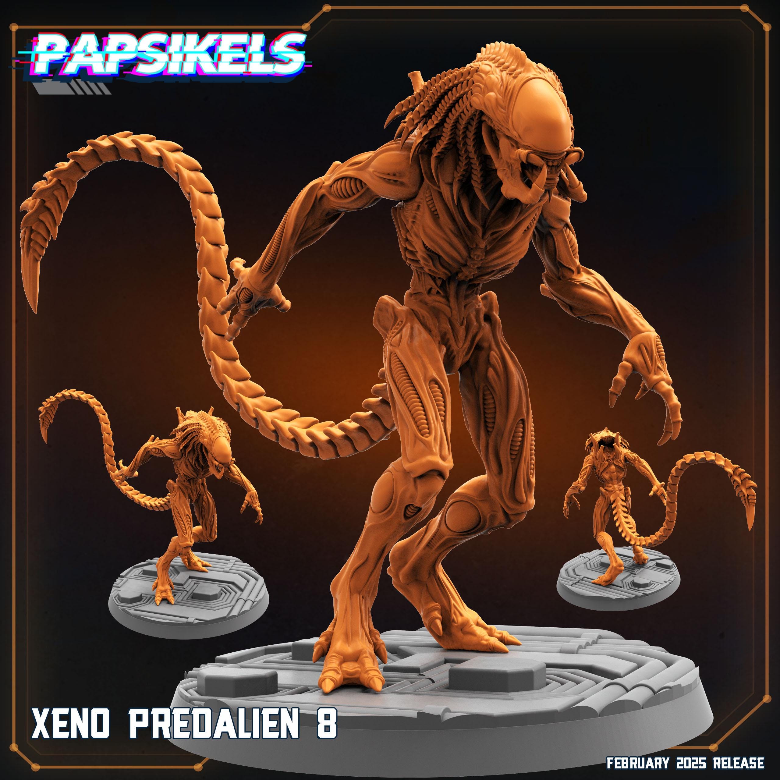 A terrifying alien creature with an elongated head, sharp claws, and biomechanical details, standing on a sci-fi platform. Its powerful stance and menacing posture make it a formidable figure, perfect for RPG or tabletop games.