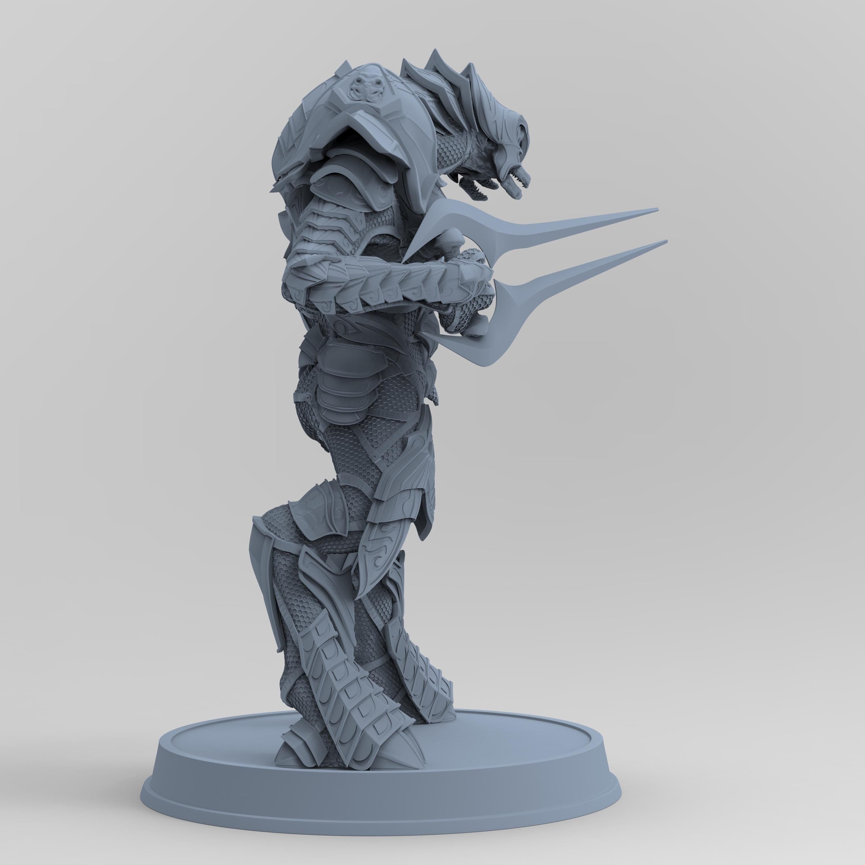 Unpainted Arbiter figurine, showcasing intricate armor and weapon details, standing on a round base, highlighting its alien design and dynamic pose.