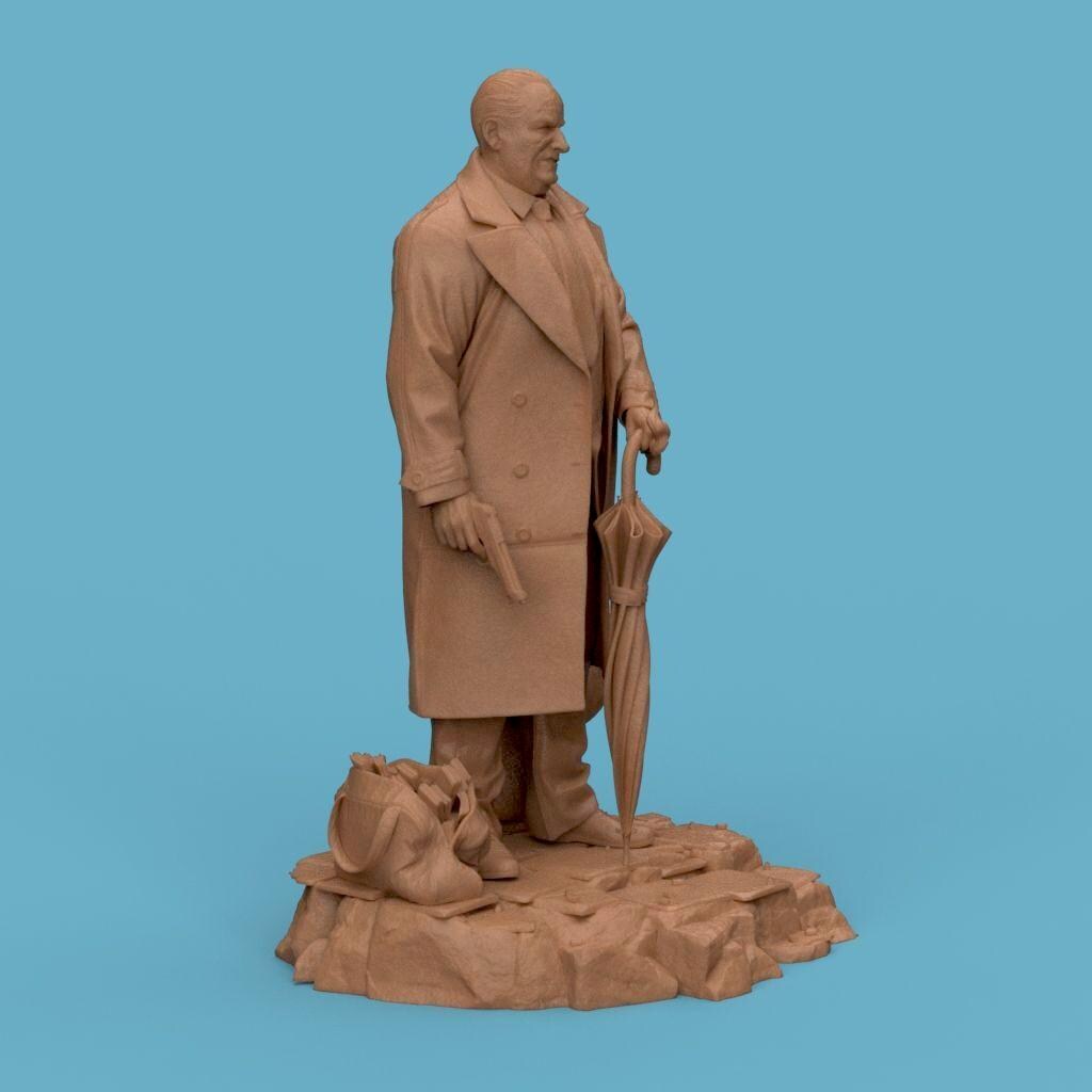3D-printed figurine of The Penguin Man standing on a textured stone base, holding an umbrella and a gun, with two penguins by his side. The sculpture showcases detailed clothing folds and facial expression, making it ideal for collectors of cinematic or villain-inspired art pieces.