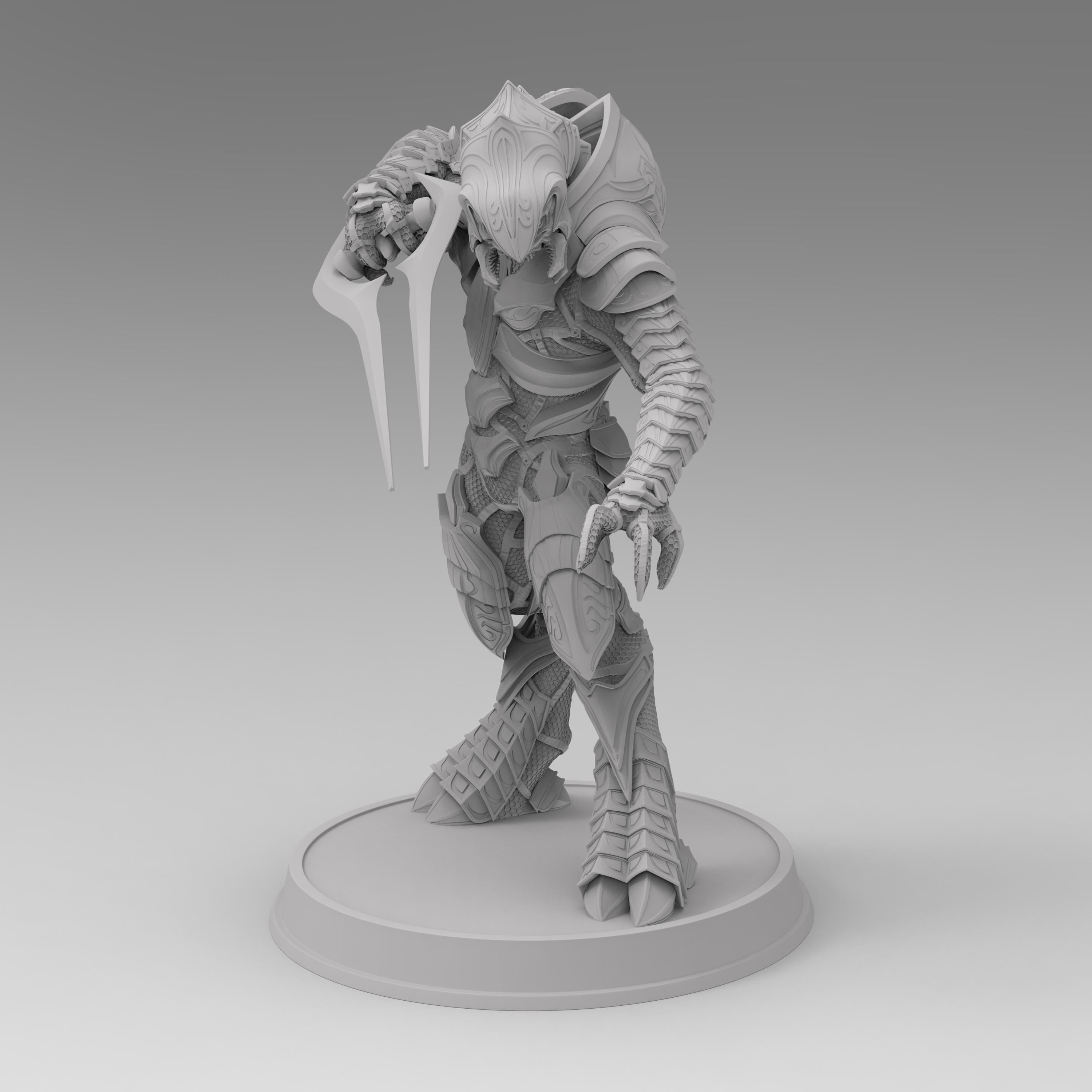 Statue of Arbiter, featuring detailed armor and a dynamic pose on a round base.
