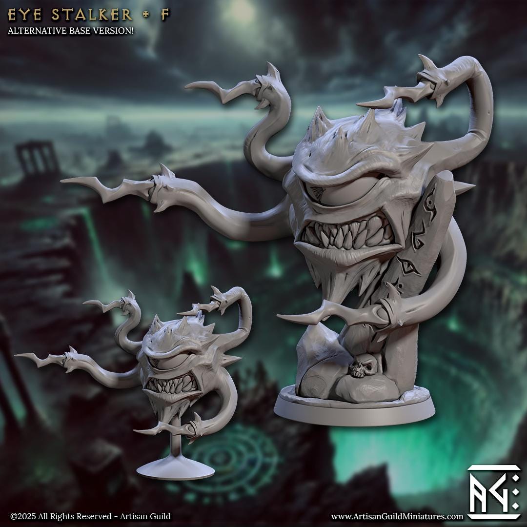 A terrifying collection of floating horrors, the All Seeing Tyrant Eye miniatures feature gaping maws, multiple eye stalks, and twisted grins. Perfect for unleashing arcane chaos upon any tabletop, these resin beasts demand fear and attention alike.