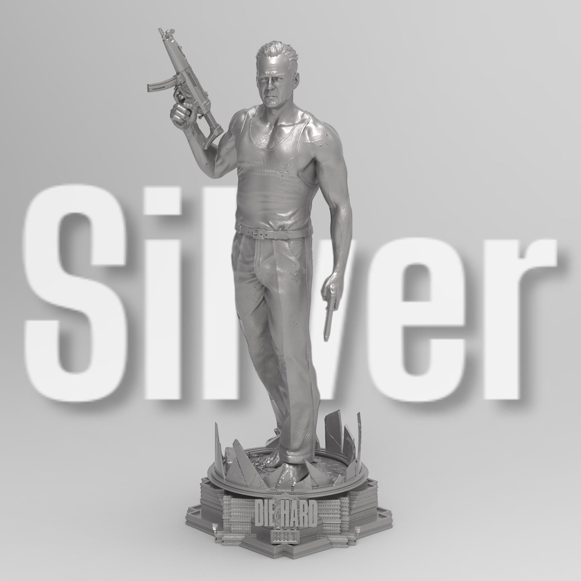 A detailed 3D-printed statue of McLane of Mayhem, posed dynamically with a machine gun and pistol, standing atop a sculpted base featuring shattered glass and city elements. Perfect for collectors and action movie fans.