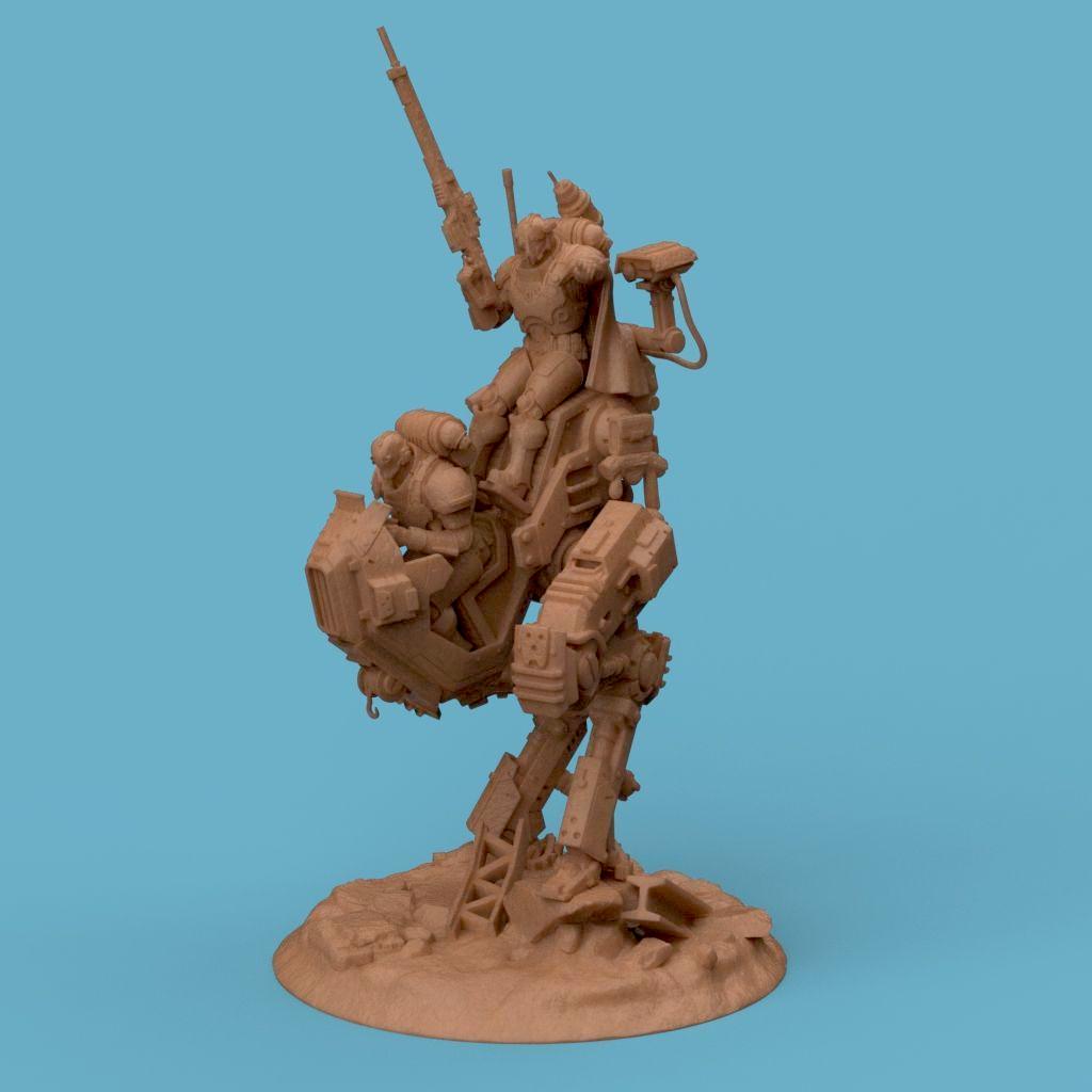 3D-printed model of the Vendetta Deathmark, featuring a futuristic mech walker piloted by armored soldiers. The detailed design includes mechanical limbs, weapon mounts, and a rugged battlefield base, perfect for sci-fi collectors and tabletop gaming enthusiasts.